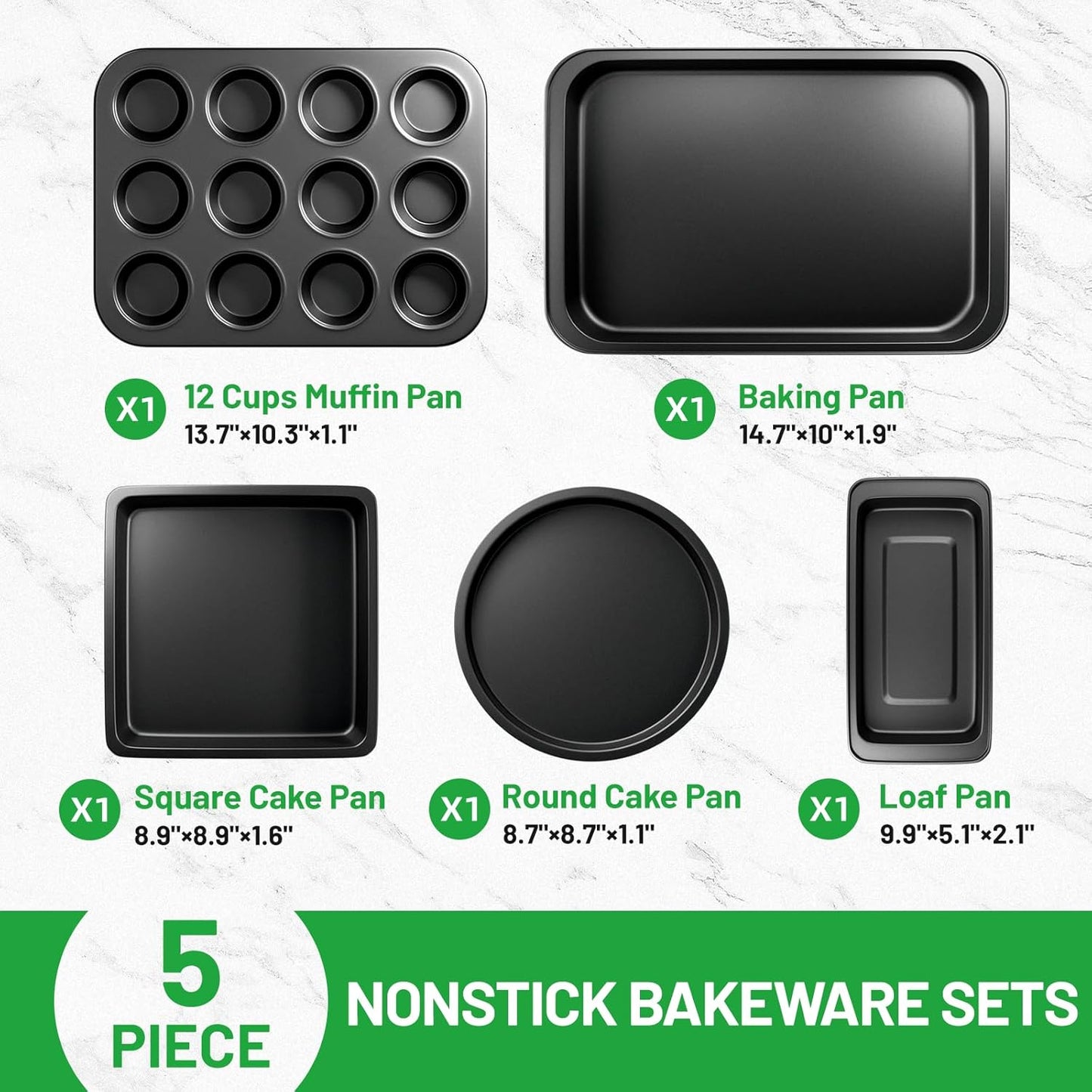 5 Pieces Baking Pans Set, Nonstick Baking Sheet Tray Oven Pans Bakeware Set, Baking Supplies with Round/Square Cake Pan, Muffin Pan, Loaf Pan, Roast Pan, Stackable Baking Sets for Cooking