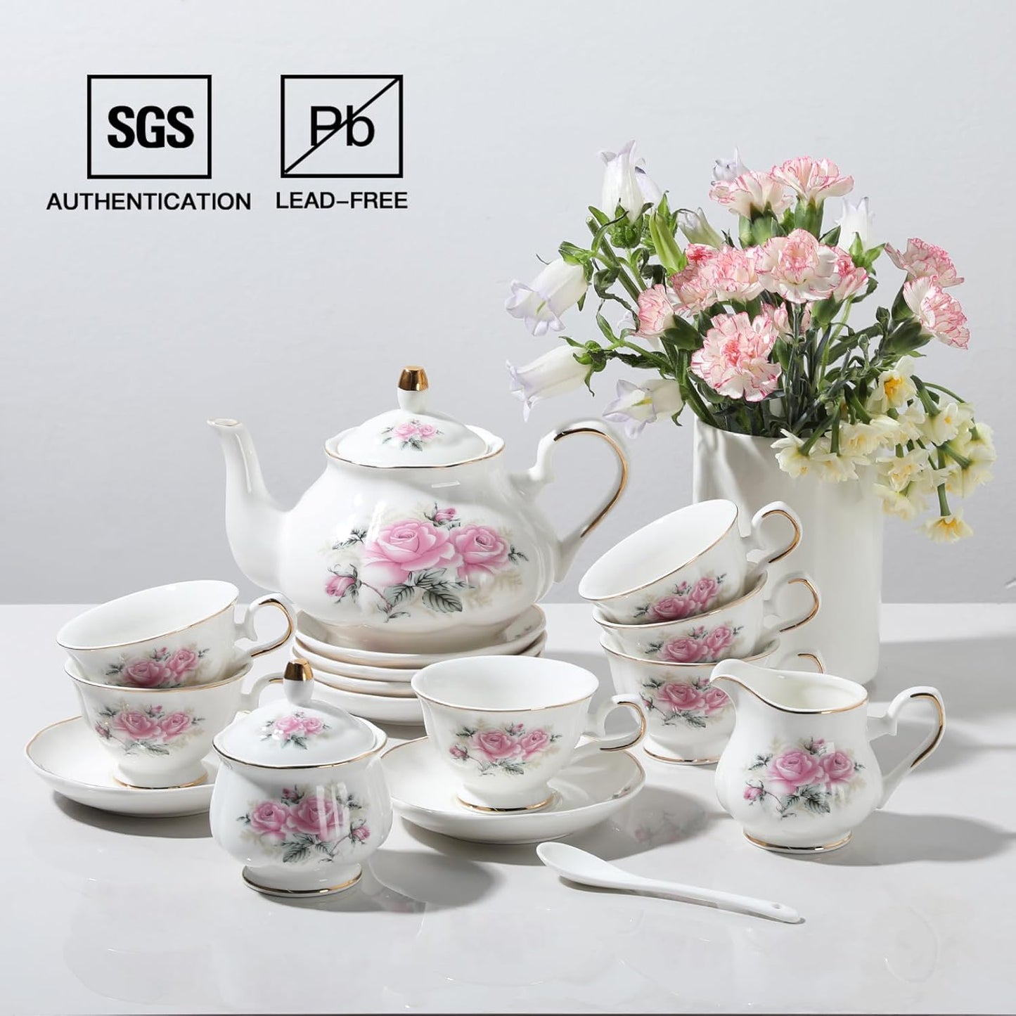 Sweejar Porcelain Tea Sets, Vintage British Floral Relief Gold Rimmed Teapot Cup and Saucer Set, Tea Set Service for 6, with Teapot, Sugar Bowl, Milk Jug, Spoons, Tea Cup and Saucer (Pink Flower)