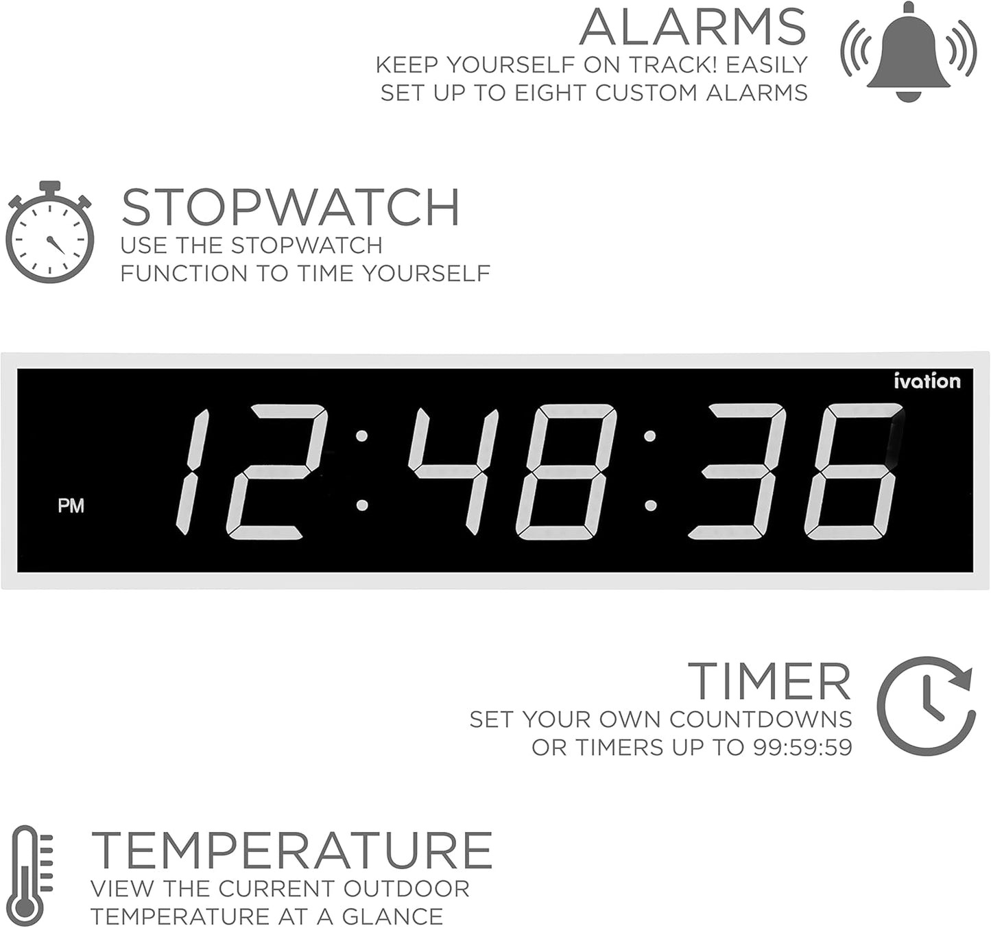 Ivation Oversized 24" Large Digital LED Clock | Big Digital Clock w/Multi-Function Display – Stopwatch, Timer, Alarms, Temp & Date | 6 Brightness Levels, Time Memory & Remote (White)