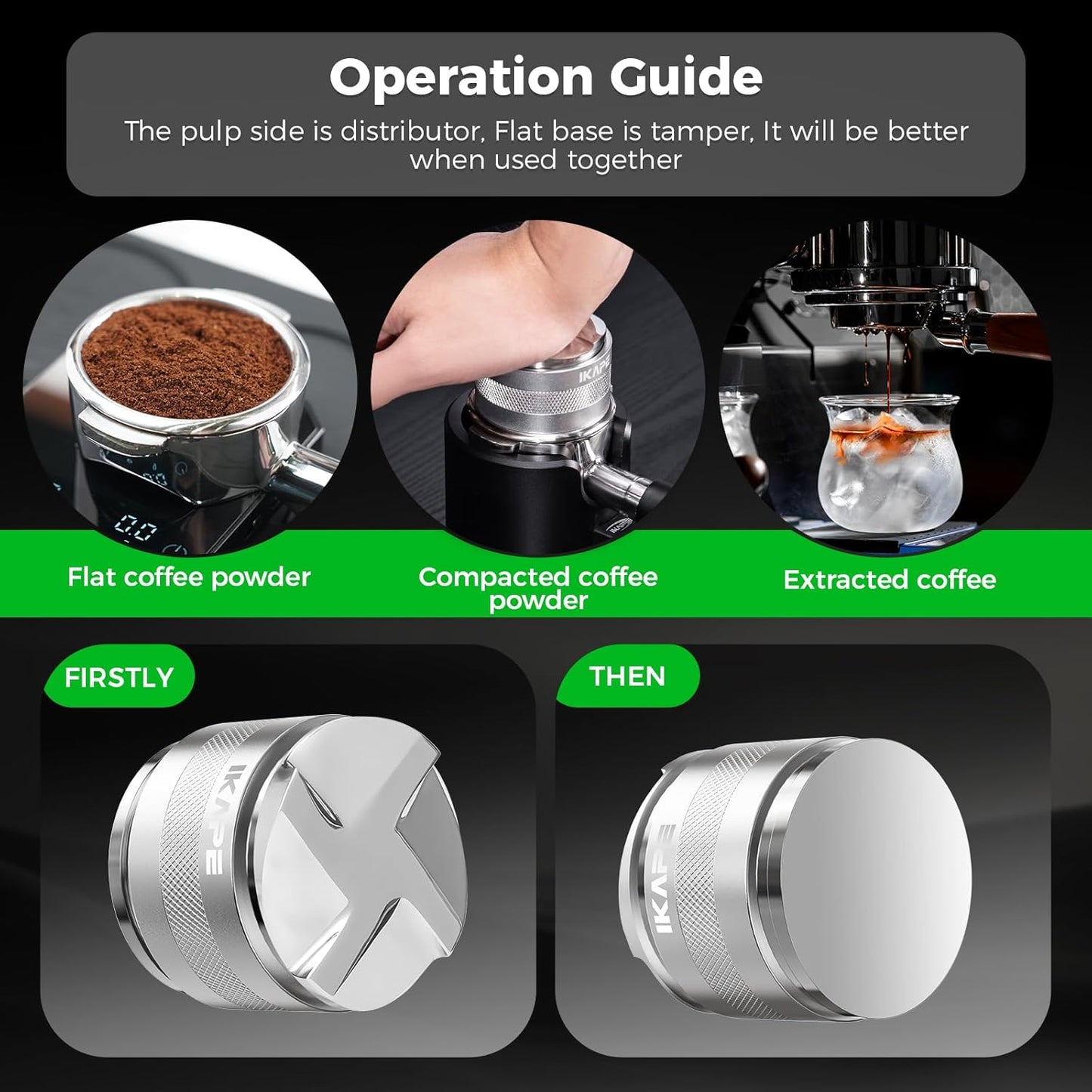 IKAPE Coffee Products, 53mm Coffee Distributor & Hand Tamper, Adjustable Depth Espresso Distributor Fits All 53mm Espresso Portafilter, Compatible with 54MM Breville Bottomless Portafilter (Silver)