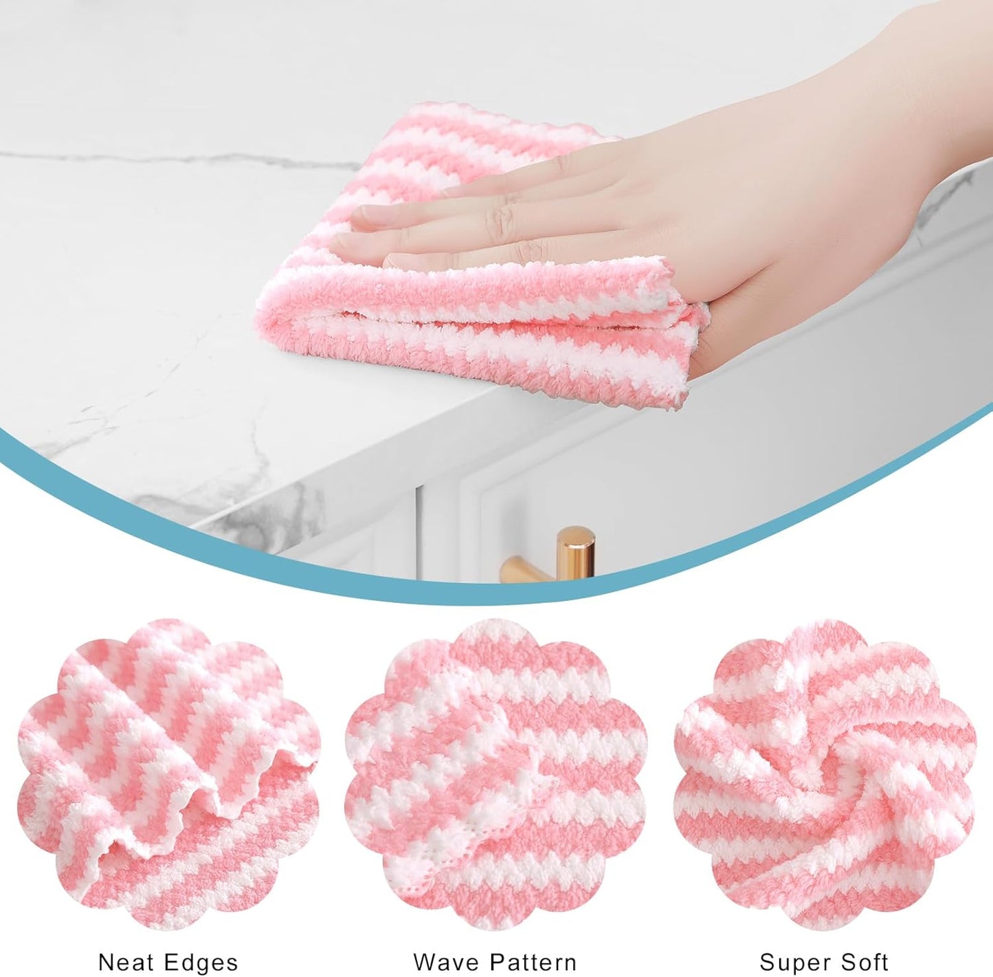 Homaxy 12 Pack Kitchen Dish Cloths, Ultra Soft and Absorbent Dish Towels, Reusable Fast Drying Microfiber Cleaning Cloth, Coral Velvet Wave Design No-lint, 10 x 10 inches, Pink