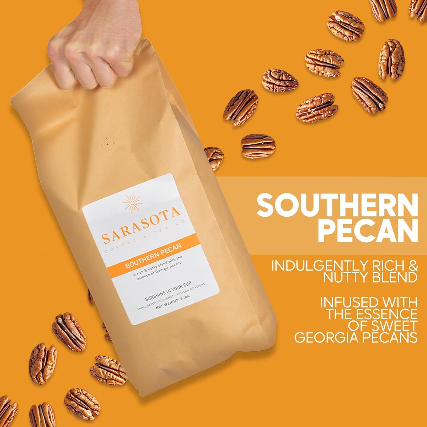 Sarasota Coffee Whole Bean Southern Texas Butter Pecan | Medium Roast Gourmet Flavored Coffee Beans | Low Acid, Mold Free, Specialty Grade Bulk Beans | 5lb (80 oz)