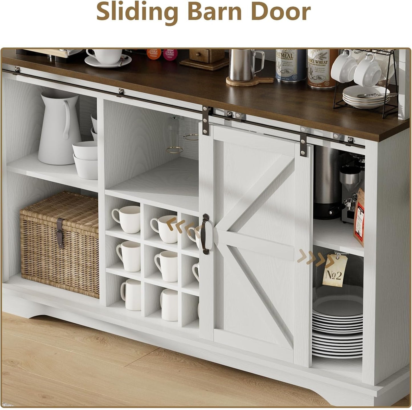 55 Inch Farmhouse Coffee Bar Cabinet with 3-Tier Enclosed Storage Cabinet, Kitchen Hutch with 12 Wine Racks & 3 Glass Holders, Coffee Bar with 6 Hooks, Wood Furniture for Dining Living Room, White