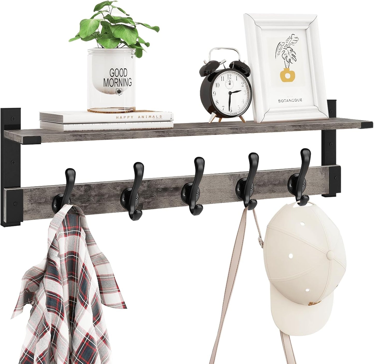 Homode Coat Rack Wall Mount with Shelf, 29 Inch Wood Wall Shelf with Hooks, Entryway Coat Hanger Wall Mount with 5 Hangers for Bathroom, Bedroom, Living Room, Grey