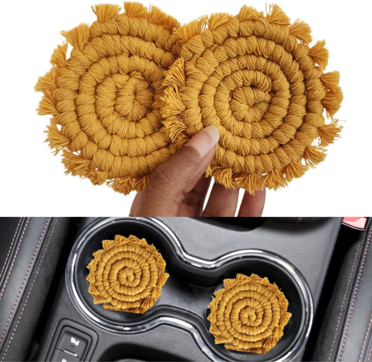 Cotton Car Coasters for Cup Holders, 2PC Car Cup Coasters, Drink Coaster Holder, Cute cupholder Coaster Accessories for Women, Macrame, Boho (Sunshine Yellow)