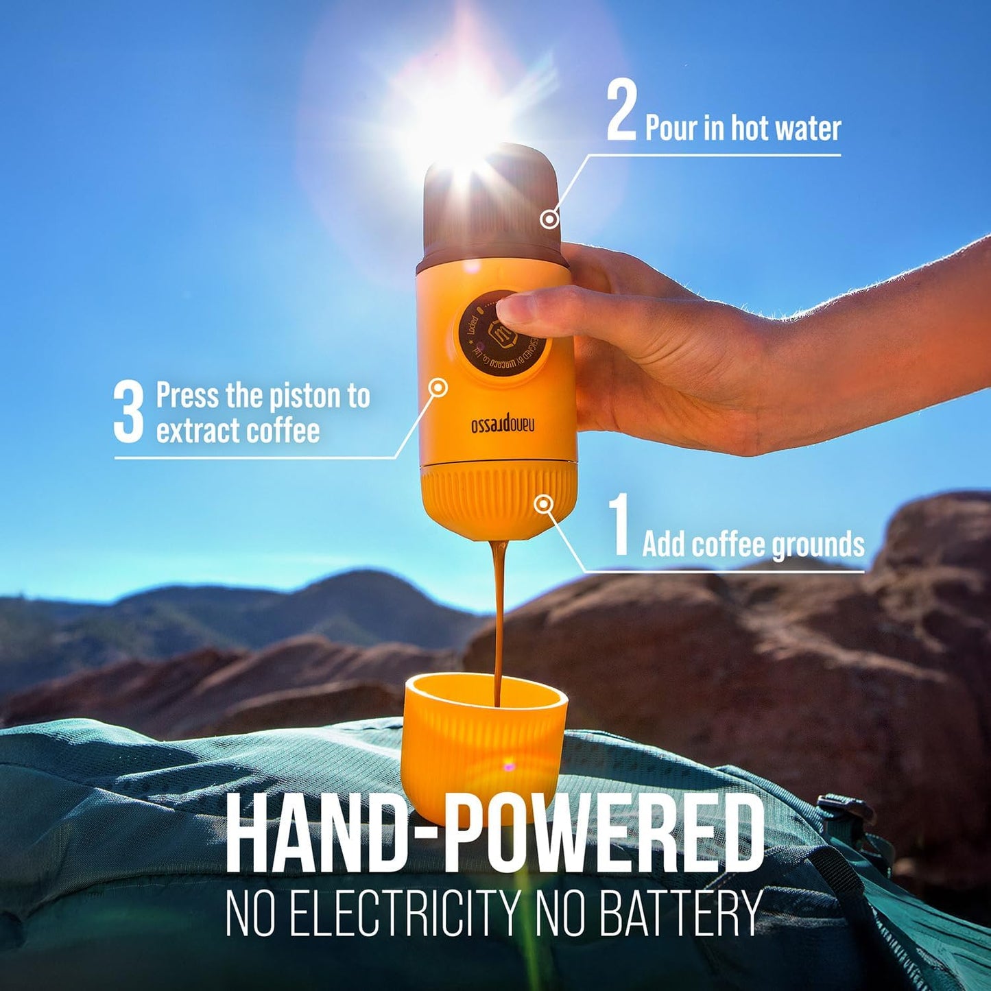 WACACO Nanopresso Portable Espresso Maker, Upgrade Version of Minipresso, 18 Bar Pressure, Mini Travel Coffee Machine, Manually Operated, Perfect for Camping and Hiking, Yellow