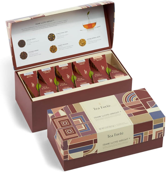 Tea Forte Frank Lloyd Wright Presentation Box Tea Gift Set Sampler, 20 Count 2 of Each Variety Individually Wrapped Handcrafted Pyramid Infuser Bags