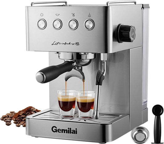 Gemilai Espresso Machine, Espresso Maker with Milk Frother Steam Wand & 57OZ Water Tank for Latte Macchiato Cappuccino, Brushed Stainless Steel G3005E