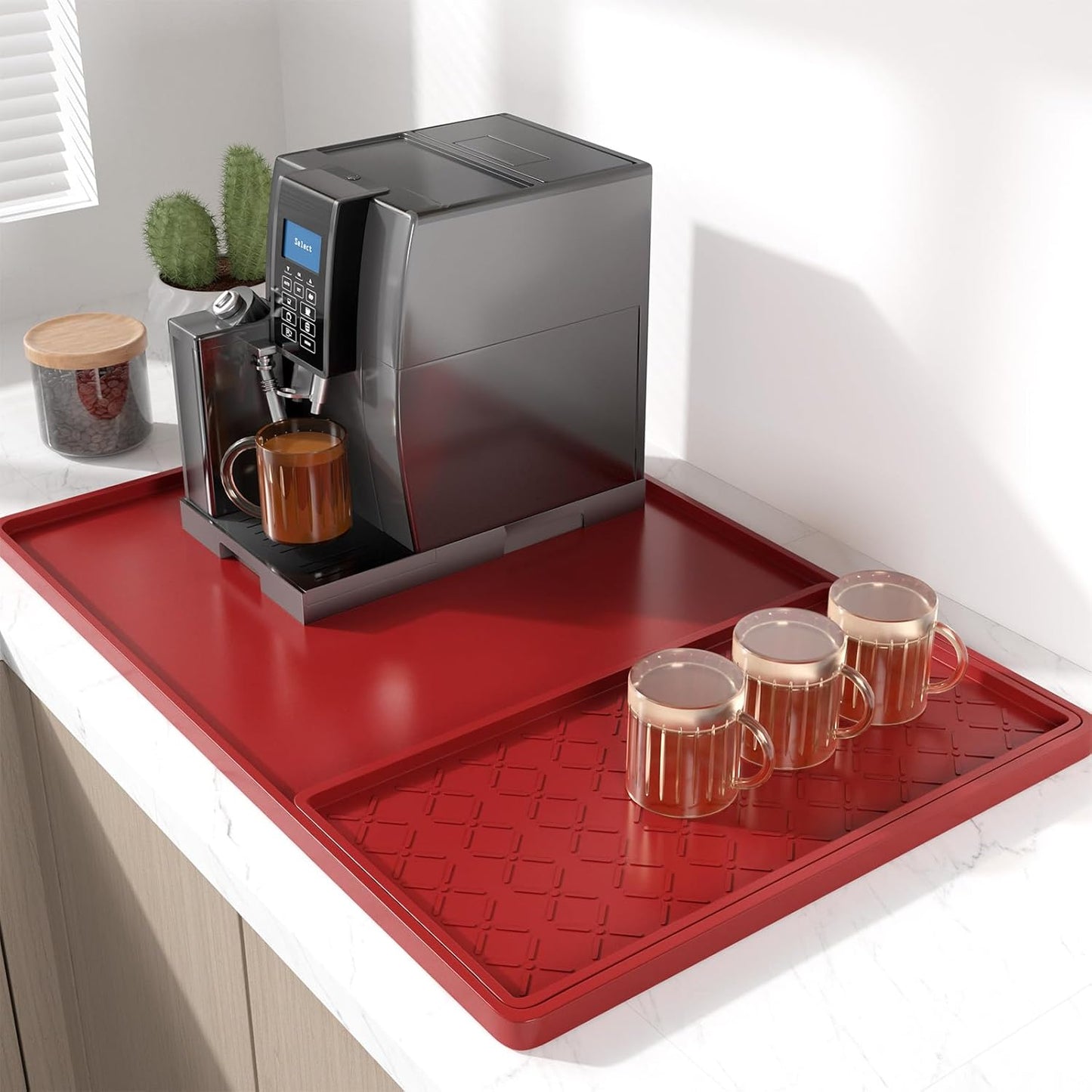 Rnivvi Silicone Coffee Mat, 16" x 24" Waterproof Raised Edge Coffee Bar Mats for Espresso Machine Station Accessories, Heat Resistant Detachable Dish Drying Pad for Kitchen Counter, Dish Rack, Red