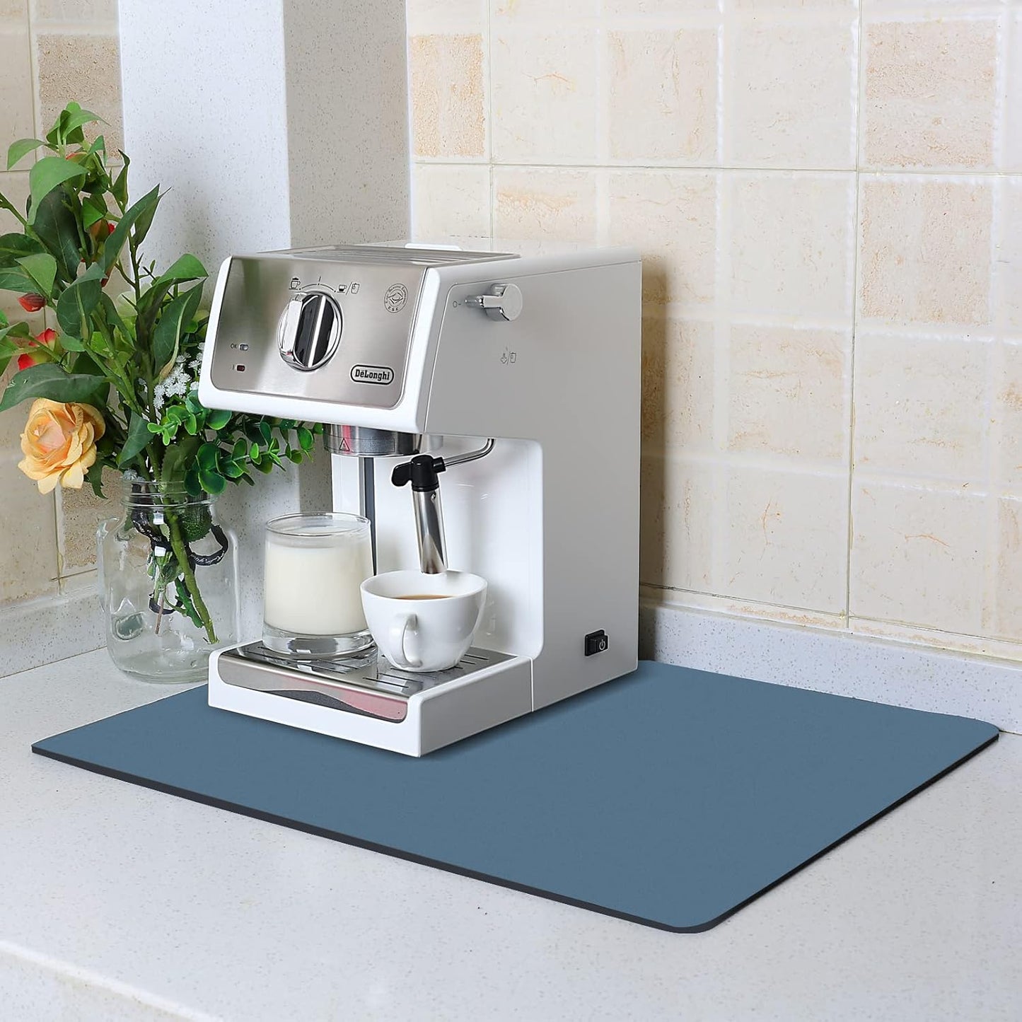 ZLR Coffee Mat - 16" x 20" Large Kitchen Hide Stain Absorbent Dish Drying Mat for Countertop - Easy to Clean Coffee Bar Mat for Espresso Machine and Spill Protection - Navy Blue