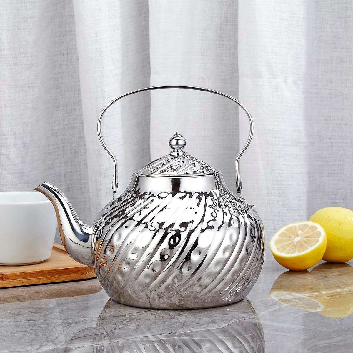 SANQIAHOME 2000ml stainless steel antique style teapot,with Infuser, thickened boiling kettle, lifting handle,Silver