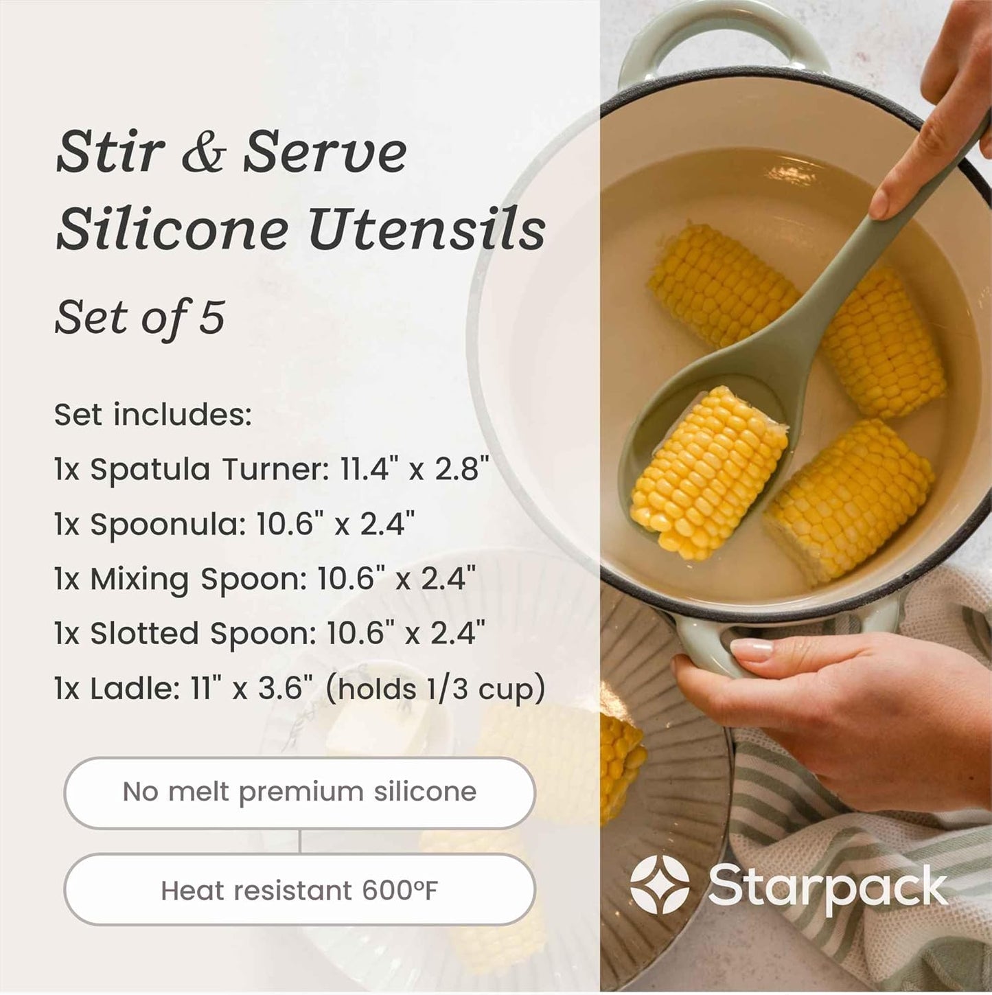 Starpack 'Stir & Serve' Silicone Cooking Utensils Set (5 Pcs) - Kitchen Utensils Set Heat Resistant to 600°F - Kitchen Utensils for Nonstick Cookware - Silicone Utensil Set for Mixing & Cooking