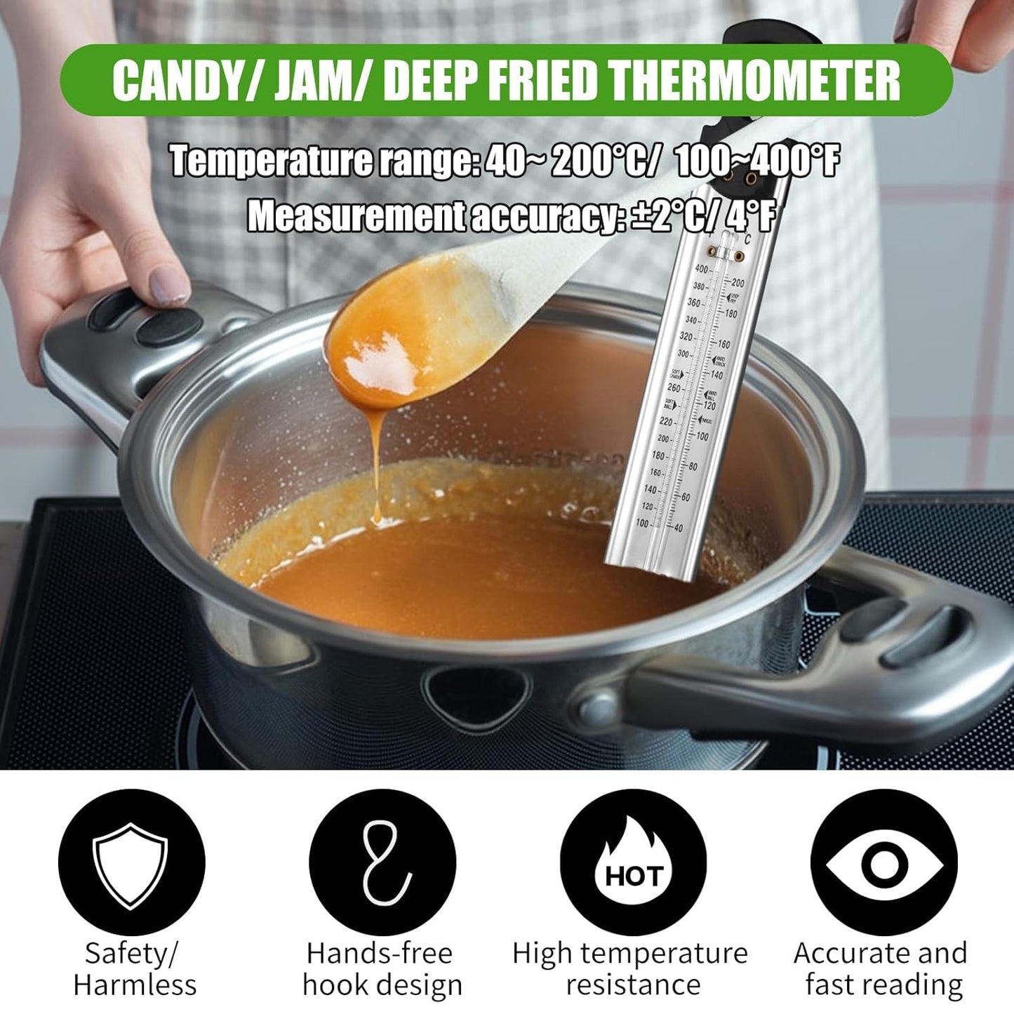2Pcs Candy Thermometer with Pot Clip and Hanging Hook, Upgrade Stainless Steel Deep Fry Oil Thermometer Instant Read Cooking Thermometer for Food, Oil/Candy/Fry/Jam/Sugar/Syrup/Jelly Food Thermometers