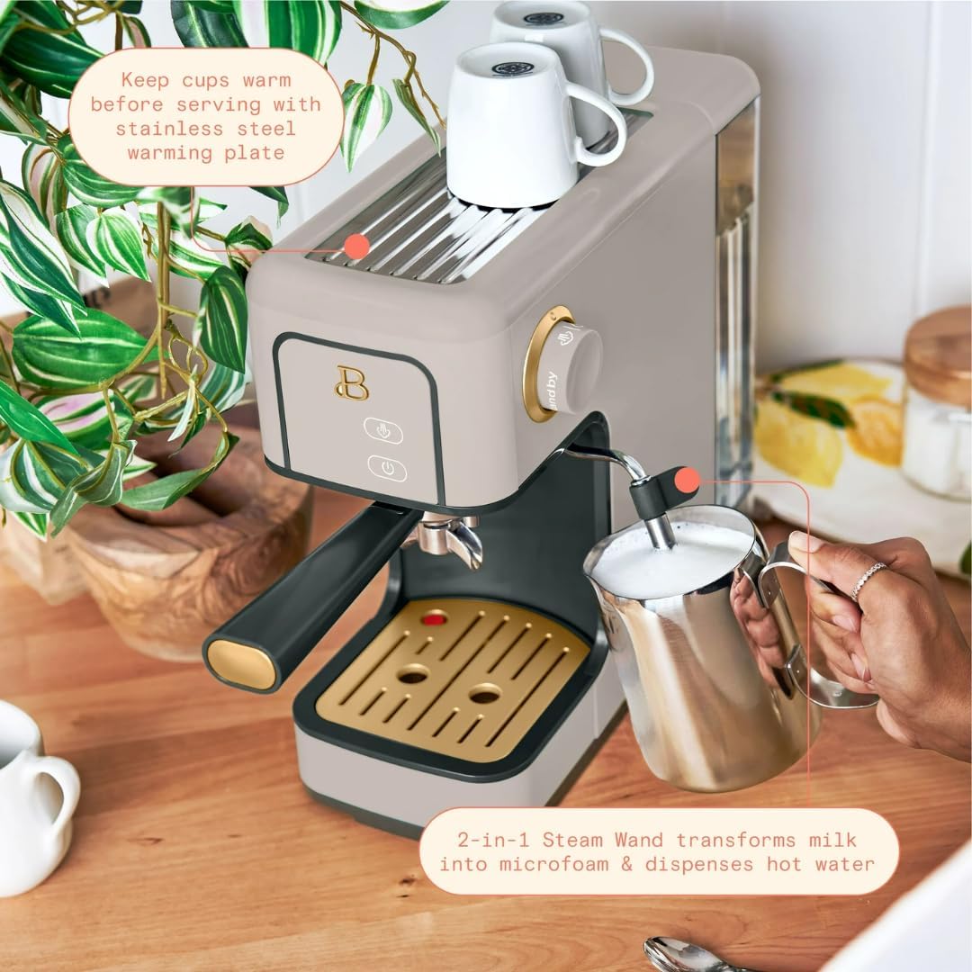 Beautiful Slim Espresso Maker by Drew Barrymore – 20‑Bar Pressure, Dual‑Spout 52 mm Portafilter, 50 oz Removable Tank, 2‑in‑1 Steam Wand & Touch Controls (Porcini Taupe)