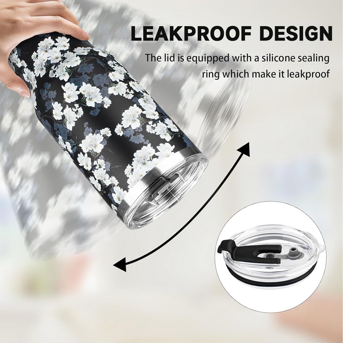 40 oz Tumbler with Lids and Straws, Stainless Steel Insulated Coffee Tumbler, Double Wall Vacuum Insulated Travel Mug Cup, Leakproof Thermal Coffee Cup for Hot and Cold Drinks (White Flower)