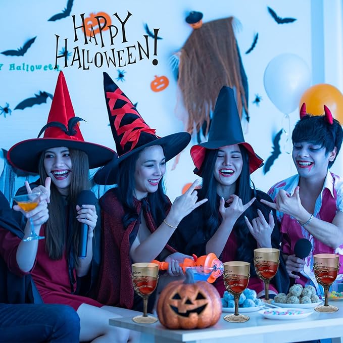 Dandat 24 Pcs Halloween Skeleton Hand Goblets 12oz Clear Plastic Halloween Cups Skull Wine Glass Set for Creepy Spooky Party Decorations (Black)