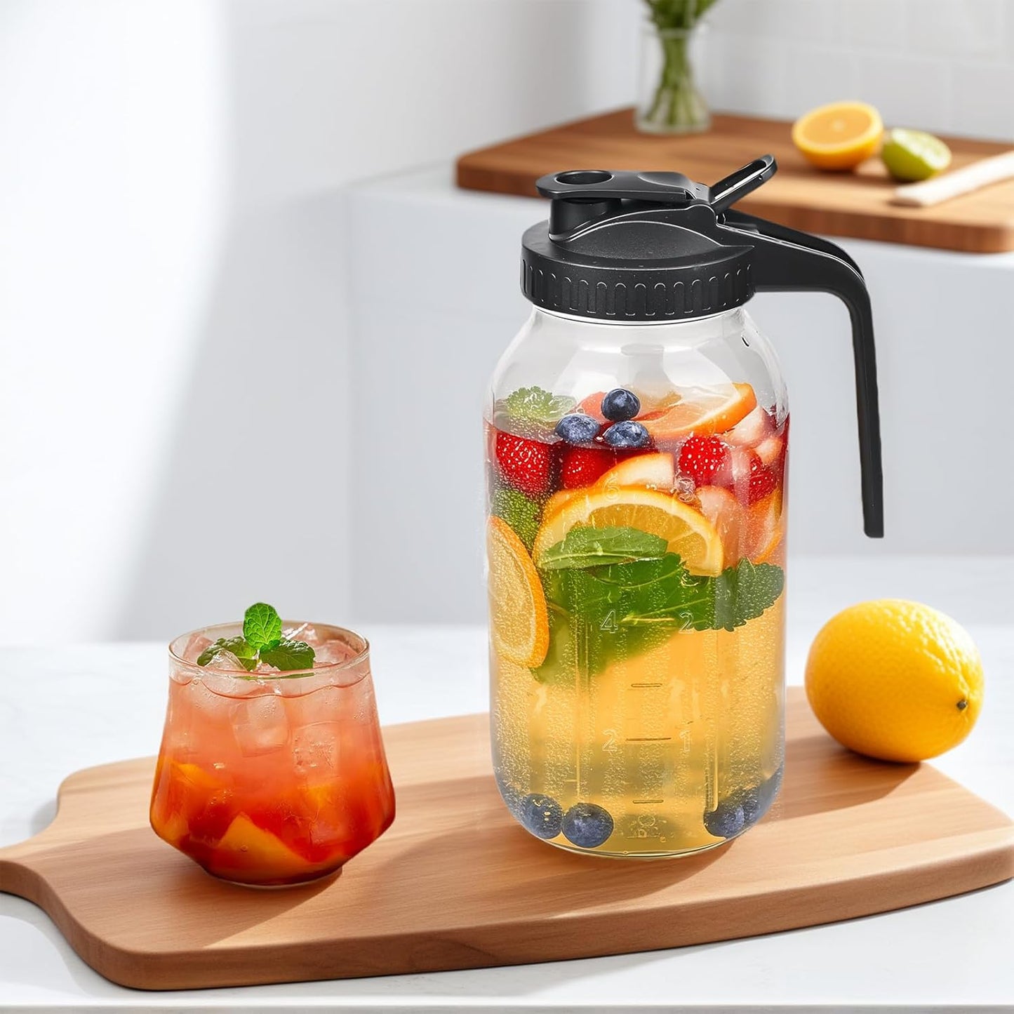 2 Pack 64oz Glass Mason Jar Pitchers with Airtight Lids & Handles – Wide Mouth, Leak-Proof Jars for Sun Tea, Cold Brew, Lemonade, Iced Coffee, and More