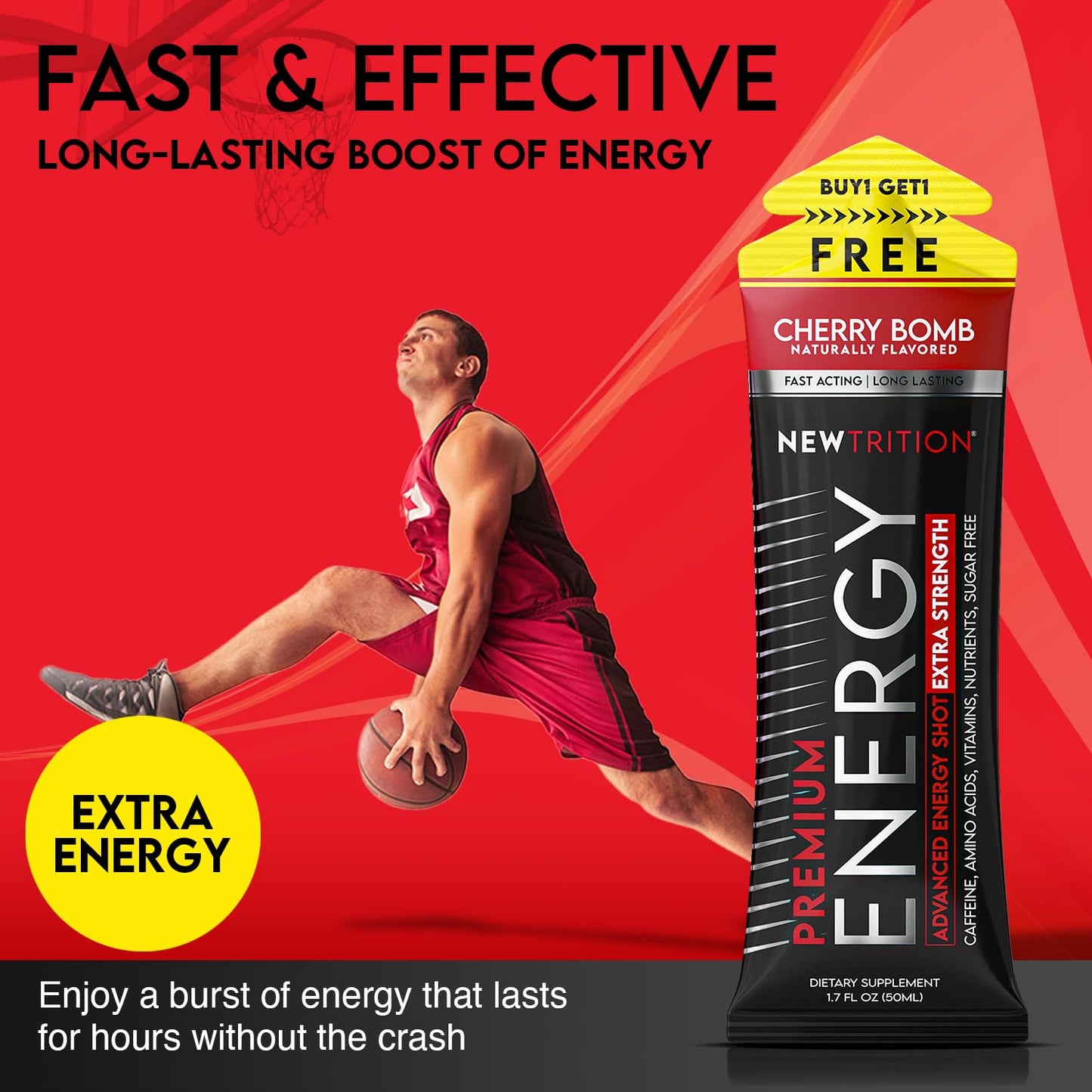 NewTrition® Extra Strength Energy Shots, 250mg Caffeine Energy Shots with Vitamin B & Amino Acids, Sugar-Free Vitamin Energy Shot, 1.7 fl oz (Pack of 12, Cherry Bomb)