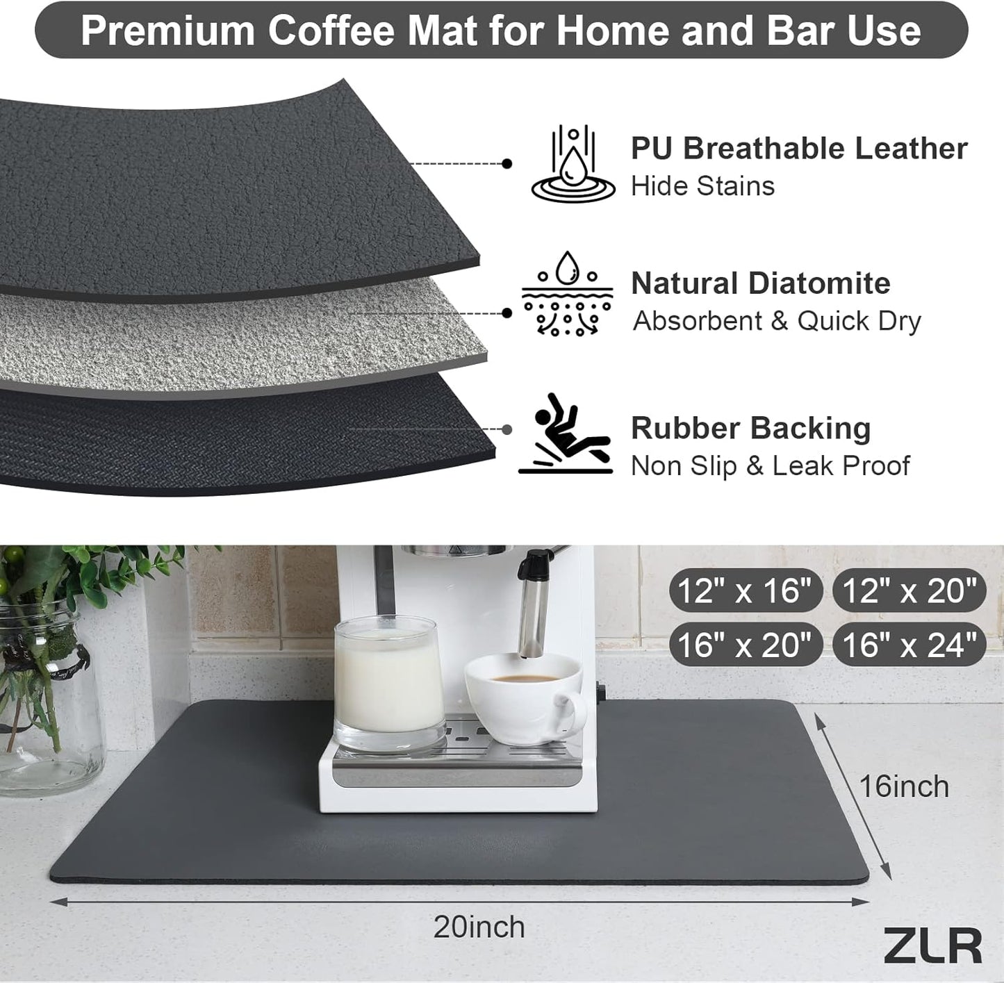 ZLR Coffee Mat - 16" x 20" Large Kitchen Hide Stain Absorbent Dish Drying Mat for Countertop - Easy to Clean Coffee Bar Mat for Espresso Machine and Spill Protection - Dark Gray