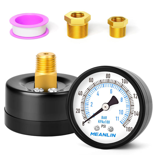 MEANLIN MEASURE 0-160Psi 2" DIAL FACE 1/4" NPT Well Pump Pressure Gauge, with 1/2" NPT and 3/8" NPT Hex Bushing, 3-2-3% Accuracy, Center Back Mount