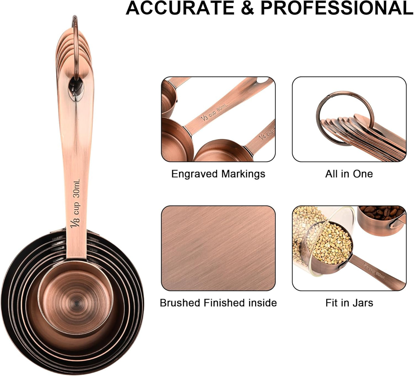 Measuring Cups and Spoons Set, Copper Measuring Cups and Spoons Set 17, Stainless Steel Measuring Cups and Spoons set, Metal 7 Measuring Cups and 9 Measuring Spoons with 1 Leveler for Kitchen