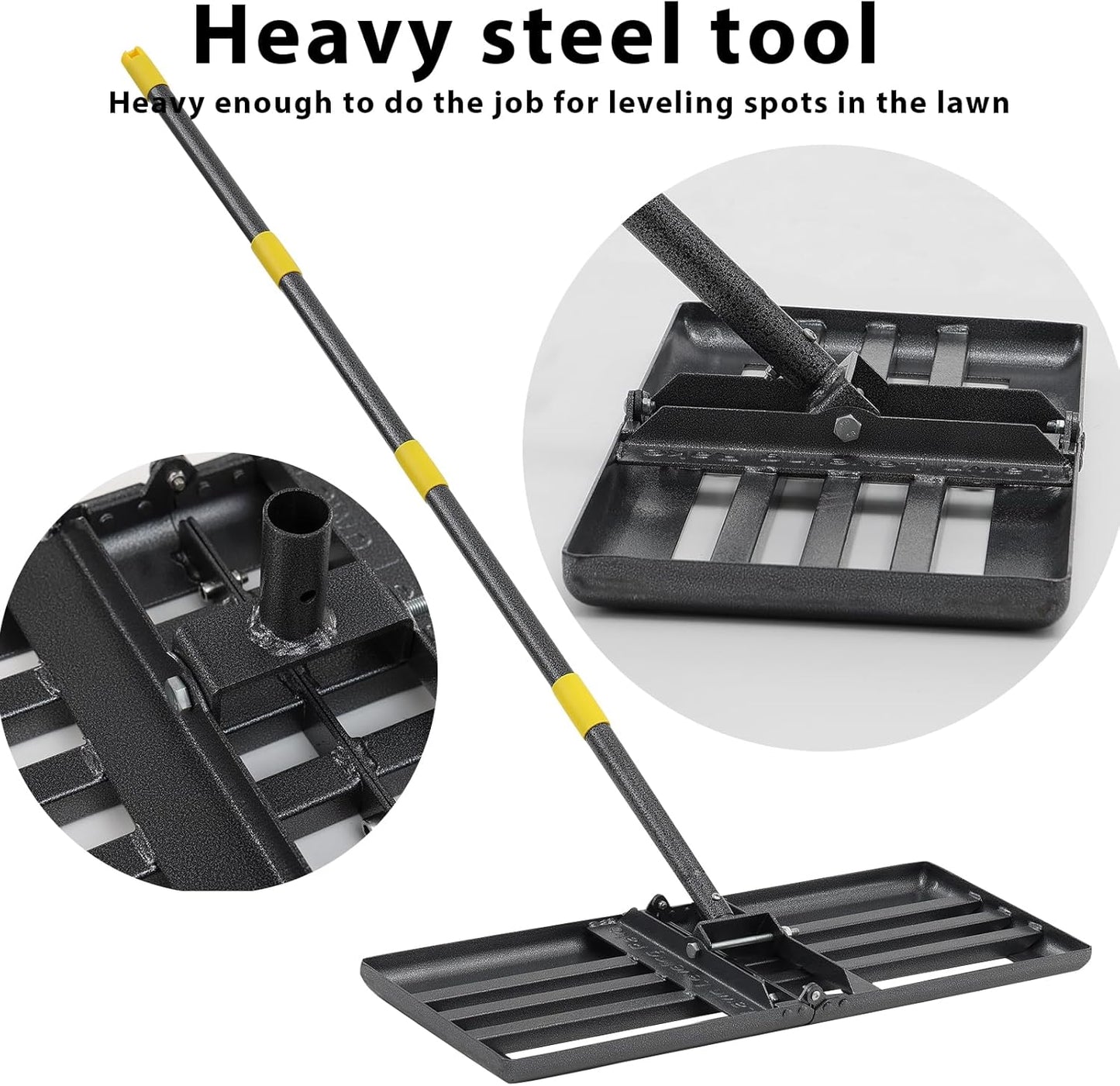 Lawn Leveling Rake, Heavy Duty Levelawn Tool for Garden Level Soil or Dirt Ground Surfaces Easily, 26” x 10” Ground Plate, Steel Handle Length is 65 inch