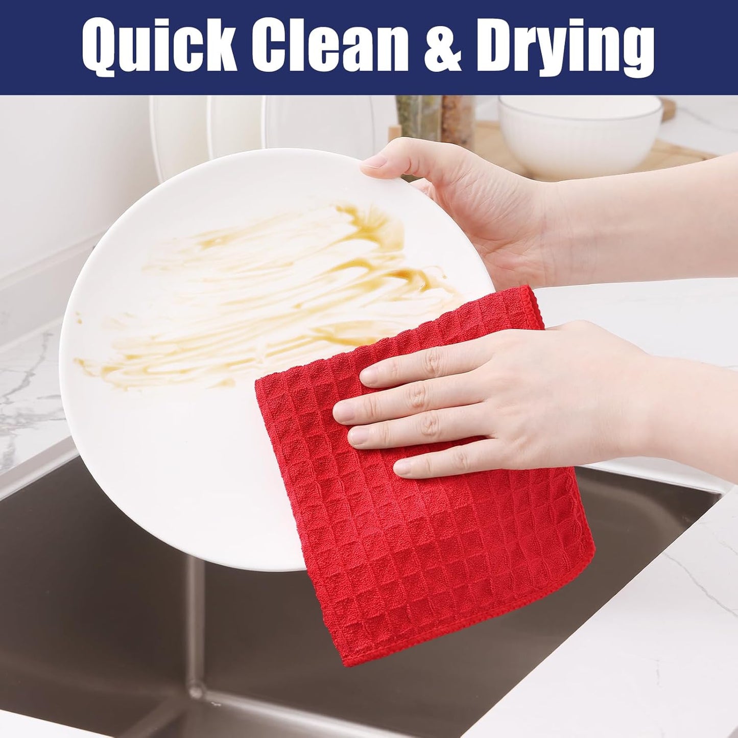 Homaxy Microfiber Waffle Weave Kitchen Towels, 16 x 28 Inch Ultra Absorbent and Solid Color Dish Towels, 4 Pack, Red