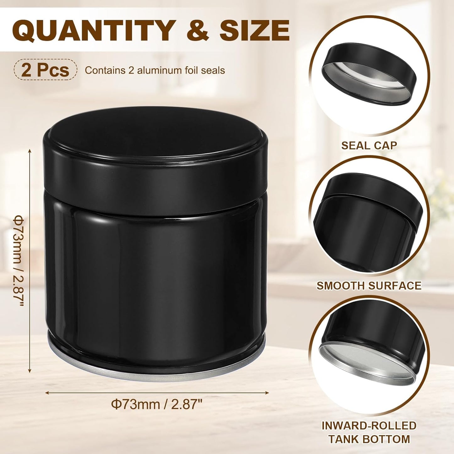 uxcell 2Pcs Round Tea Canisters, 3" x 3" Airtight Metal Tea Containers for Loose Tea, Coffee Beans, Spices - Durable, Compact, and Stylish Storage Tea Tin (Black)