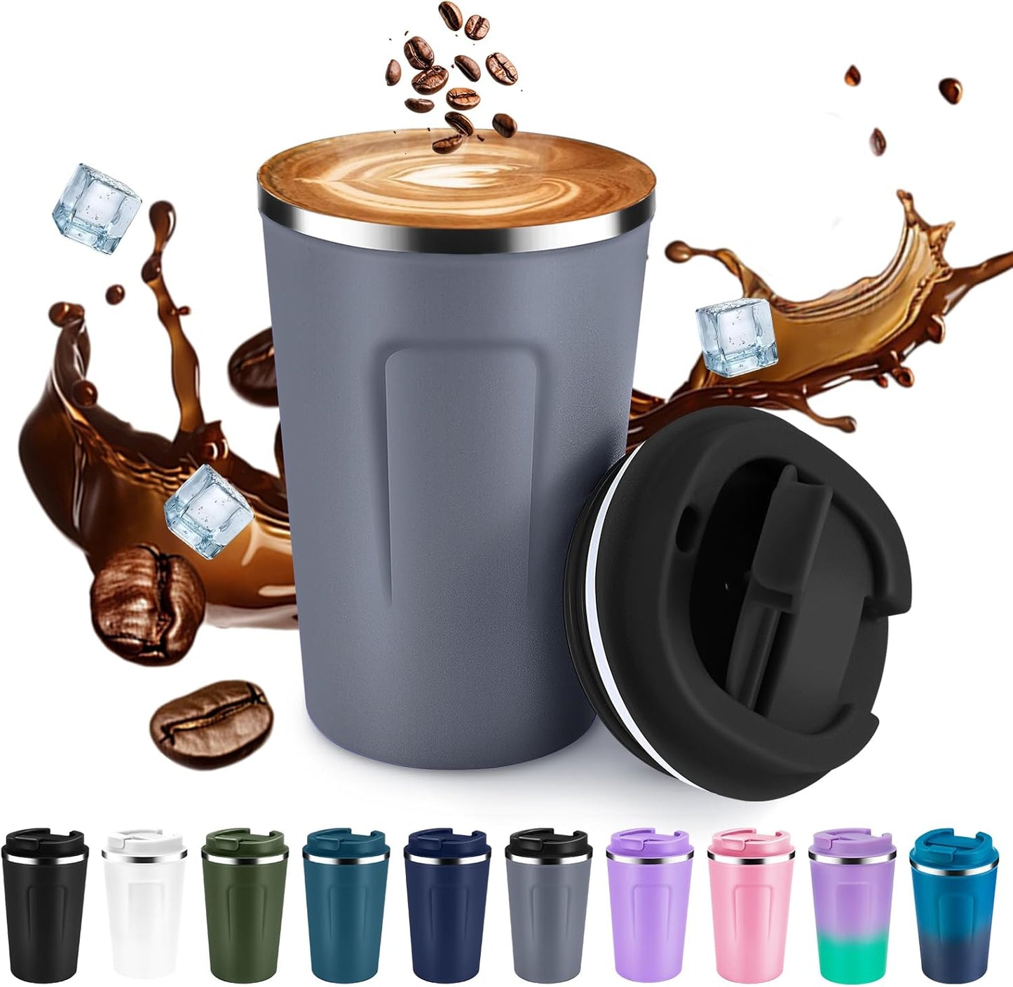 Volhoply 12 oz Double Wall Insulated Vacuum Travel Coffee Mug with Flip Lid,Reusable Stainless Steel Leak Proof Coffee Cup,Portable Iced Cafe Thermal Tumbler Suitable for Hot & Cold Drinks(Gray,1 Set)