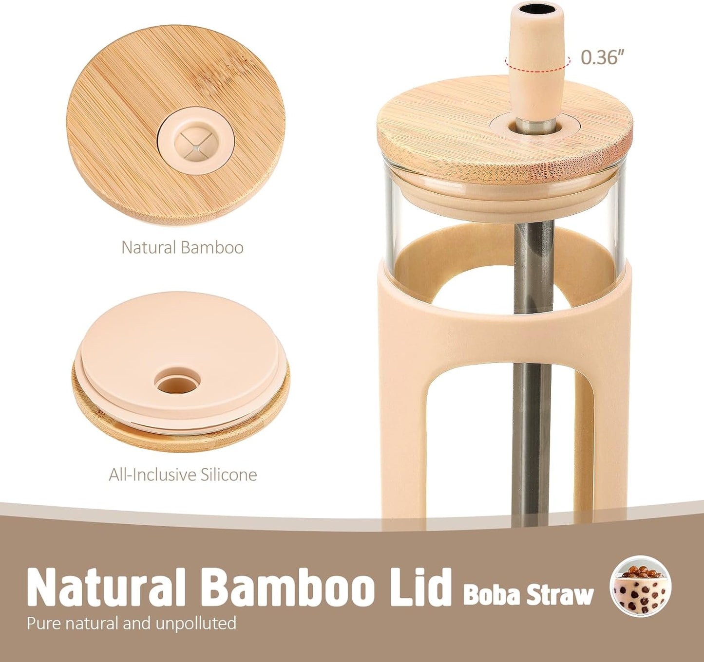 Kodrine 24oz Glass Tumbler with 2 Lids and Straws, Glass Cup With Bamboo Lid and On-the-go Lid, Reusable Iced Coffee Cup, Ideal for Smoothie, Cold Drinks, Fit Cup Holder, BPA Free(1, Amber)