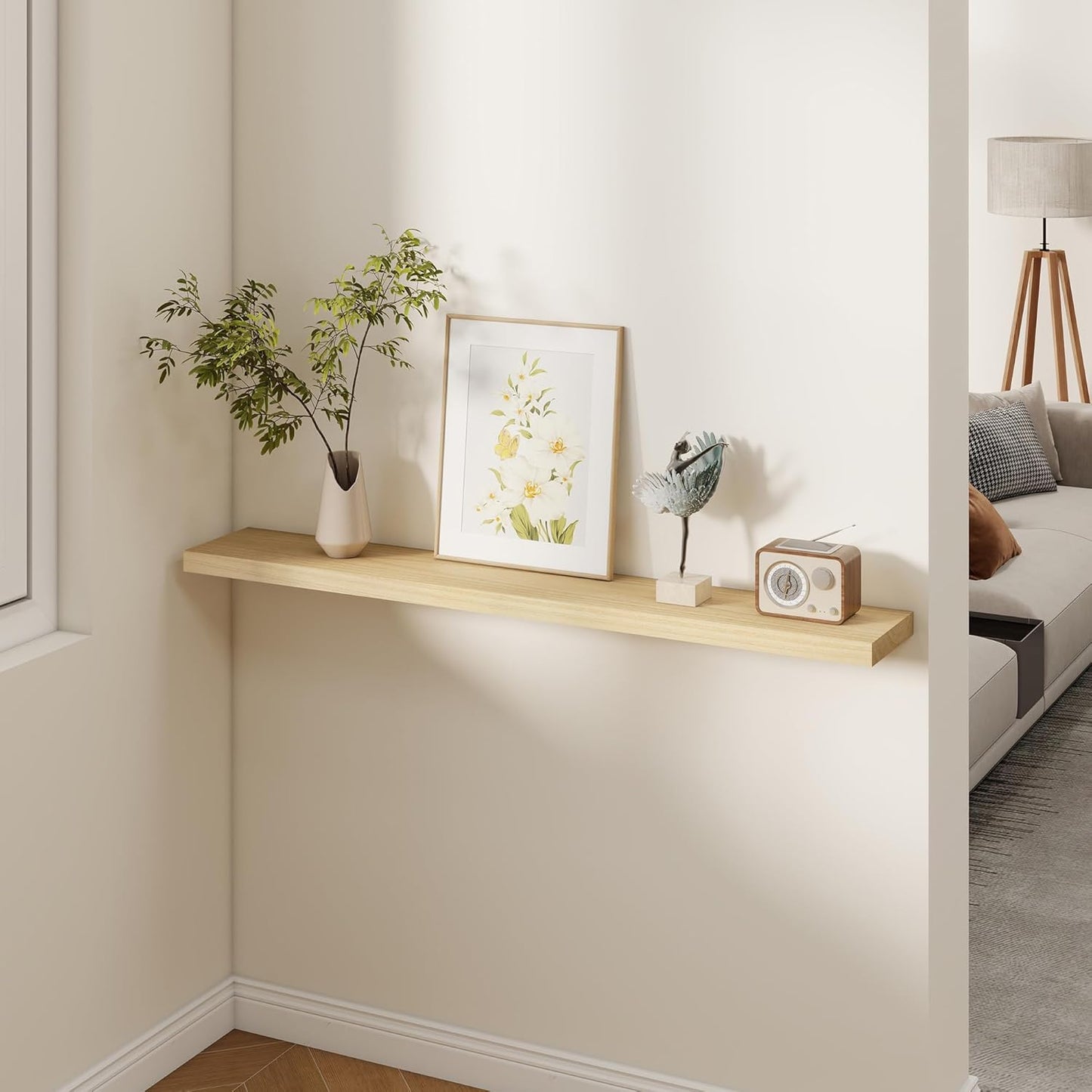 Fun Memories Rustic Real Wood Floating Shelves, 8 Inch Deep Floating Shelf Wall Mounted, 48" W x 8" D Wall Shelves Storage Shelves for Living Room, Bedroom, Bathroom, Burlywood, Set of 1