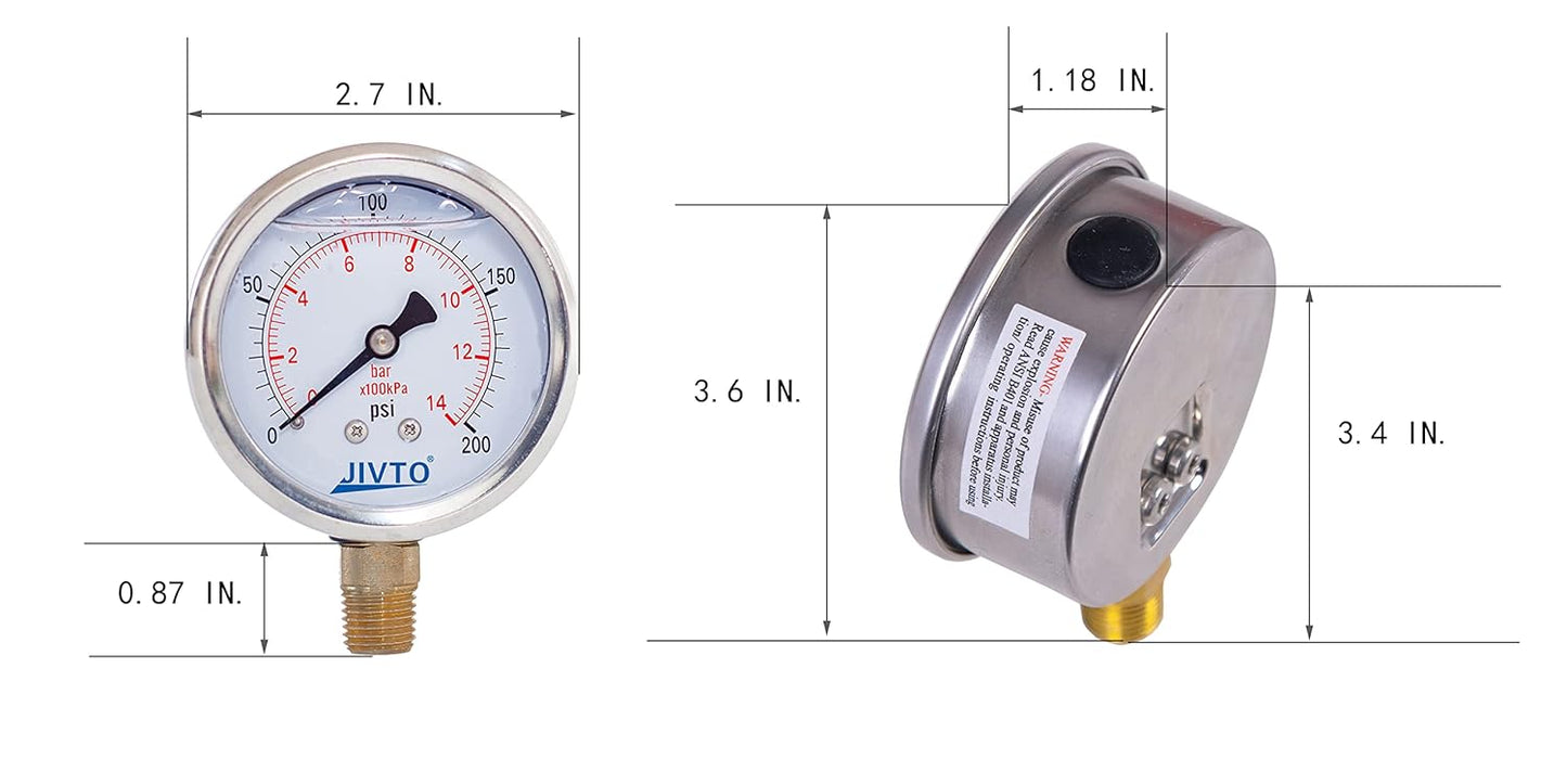 Pressure Gauge,Glycerin Liquid Filled,2.5" Dia,0-200 psi(Single Scale),1/4" NPT Brass Connection,Lower Mount, Stainless Steel Case,for Pneumatic,Pump,Hose,Well Tank,Gas Air Water Oil