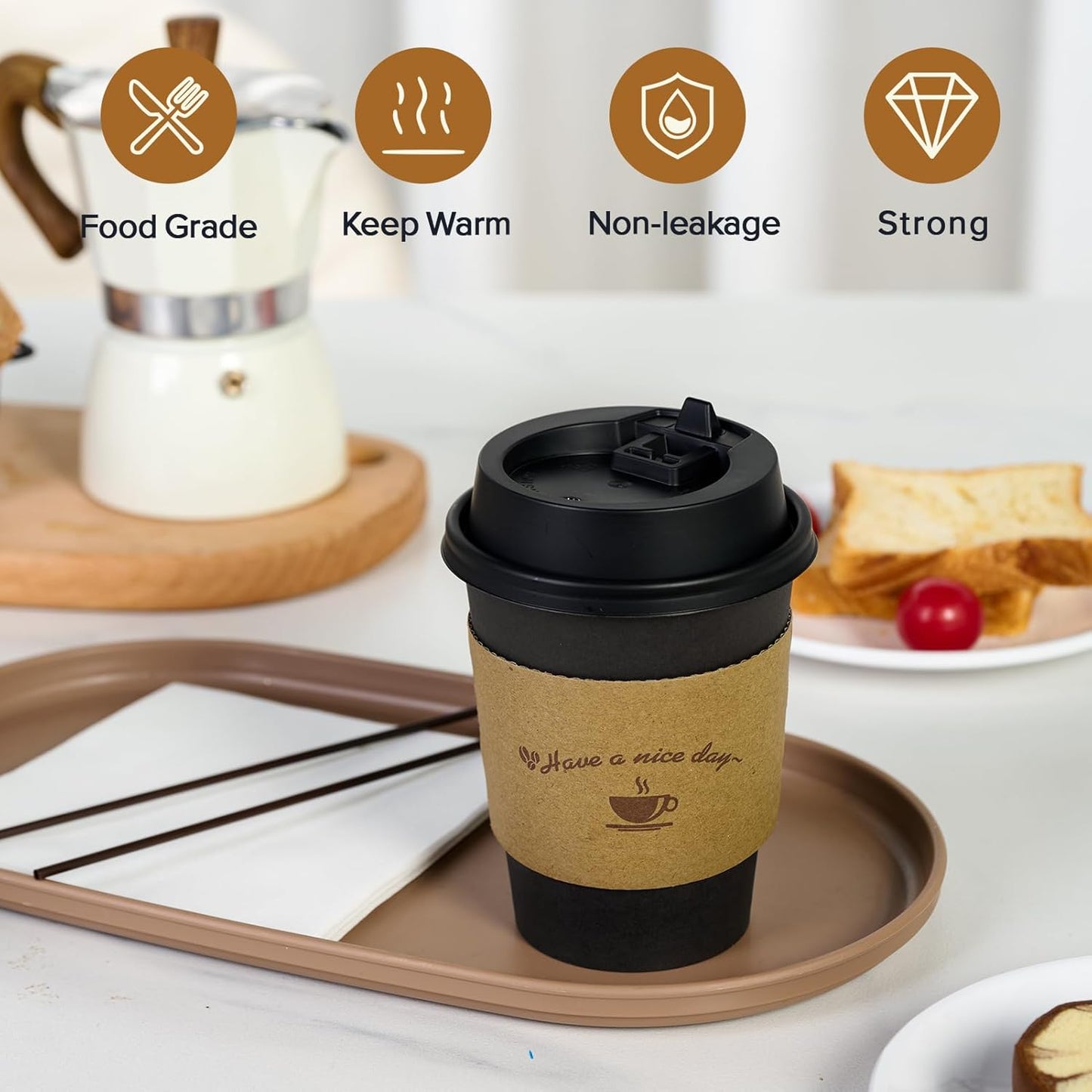 LITOPAK 500 Pack 12 oz Disposable Coffee Cup with Lids, Sleeves, and Stirring Sticks, Black To Go Paper Coffee Cups for Home, Travel, Office, Party