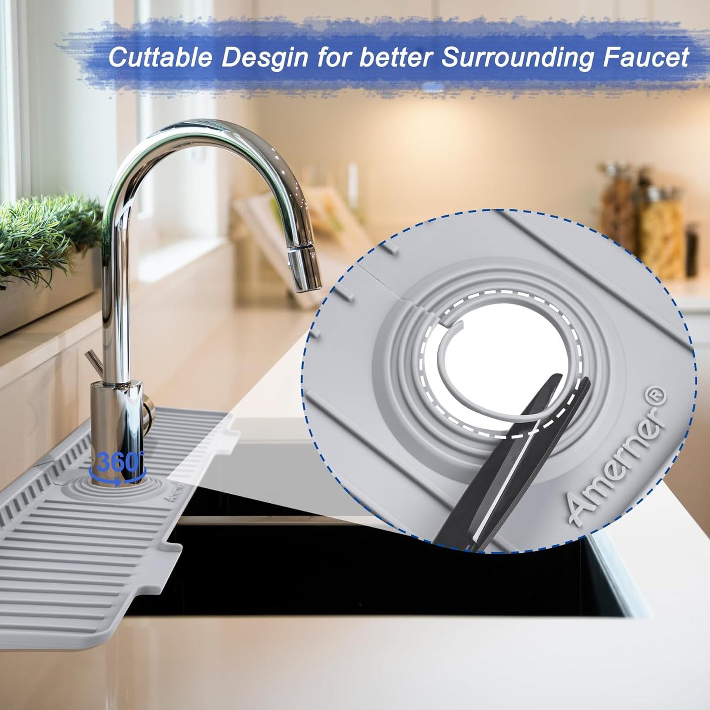 20 inch Kitchen Sink Splash Guard, 10° Large Slope & Adaptable Hole Faucet Mat for Kitchen Sink, Silicone Sink Organizer Sponge Holder for Kitchen, Bathroom, RV, Bar, 20” x 5.5”, Gray