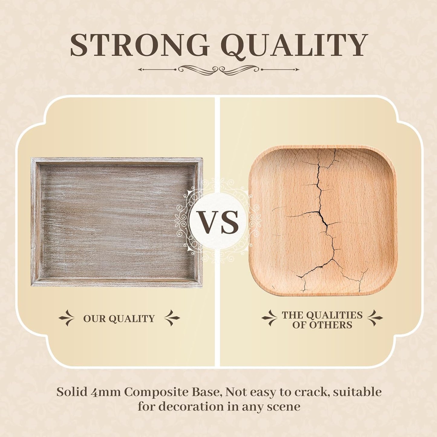 Wooden Decorative Tray, Rectangular Serving Tray with Wood Bead, Farmhouse Big Tray for Ottoman, Countertop, Coffee Tabl, 16.5" x 13"x 1.6" (White Washed)