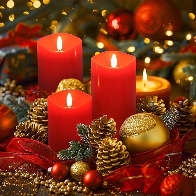 Red Flameless Candles with Remote, Flickering Battery Operated Candles with Timer, Real Wax LED Pillar Fake Candles for Christmas Party Home Decor, Set of 3