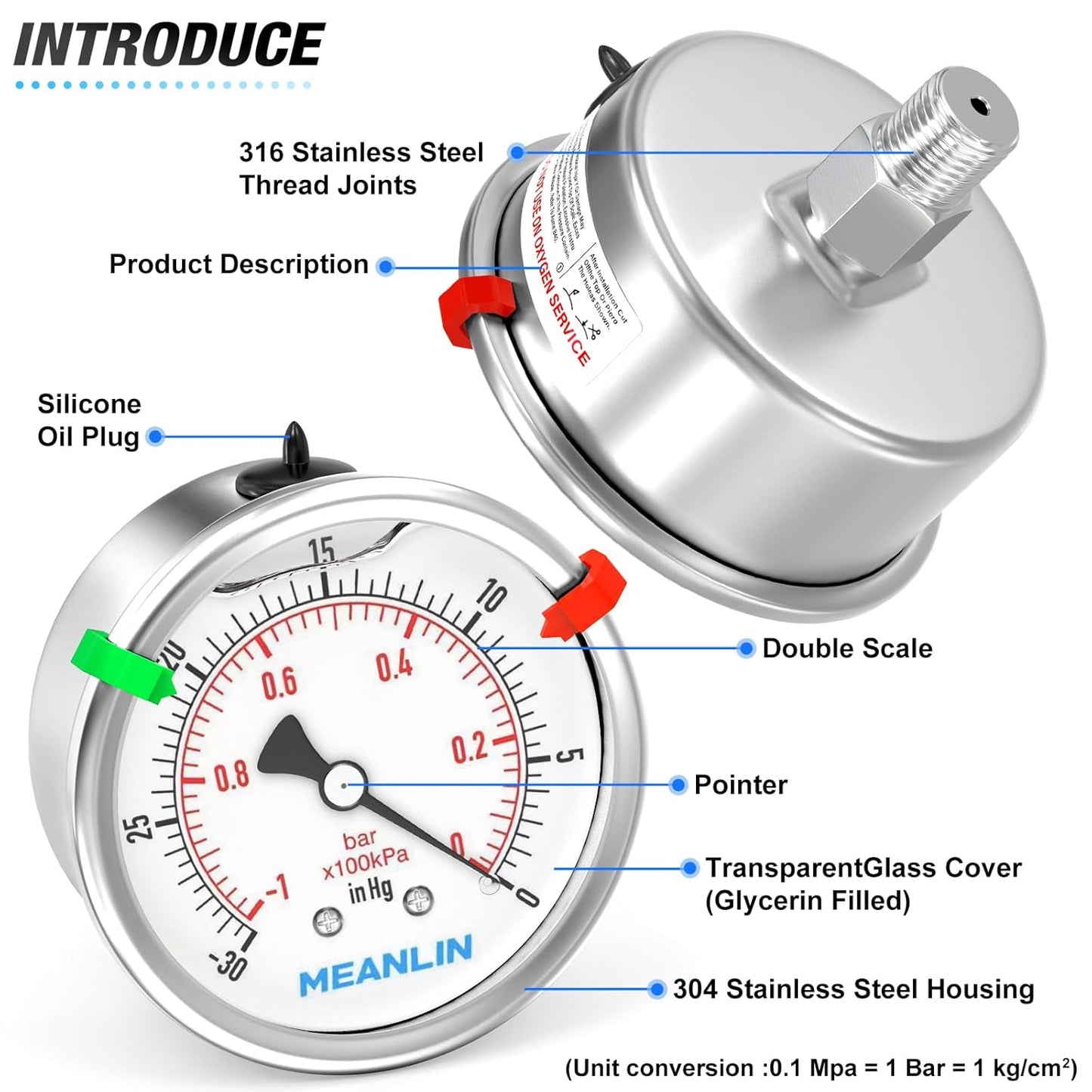 MEANLIN MEASURE -30inHG~0Psi Vacuum Pressure Gauge 316 Stainless Steel Joint 1/4" NPT 2.5" FACE DIAL, Liquid Filled Pressure Gauge WOG Water Oil Air Back Mount with Stainless Steel Hex Bushing, Snaps