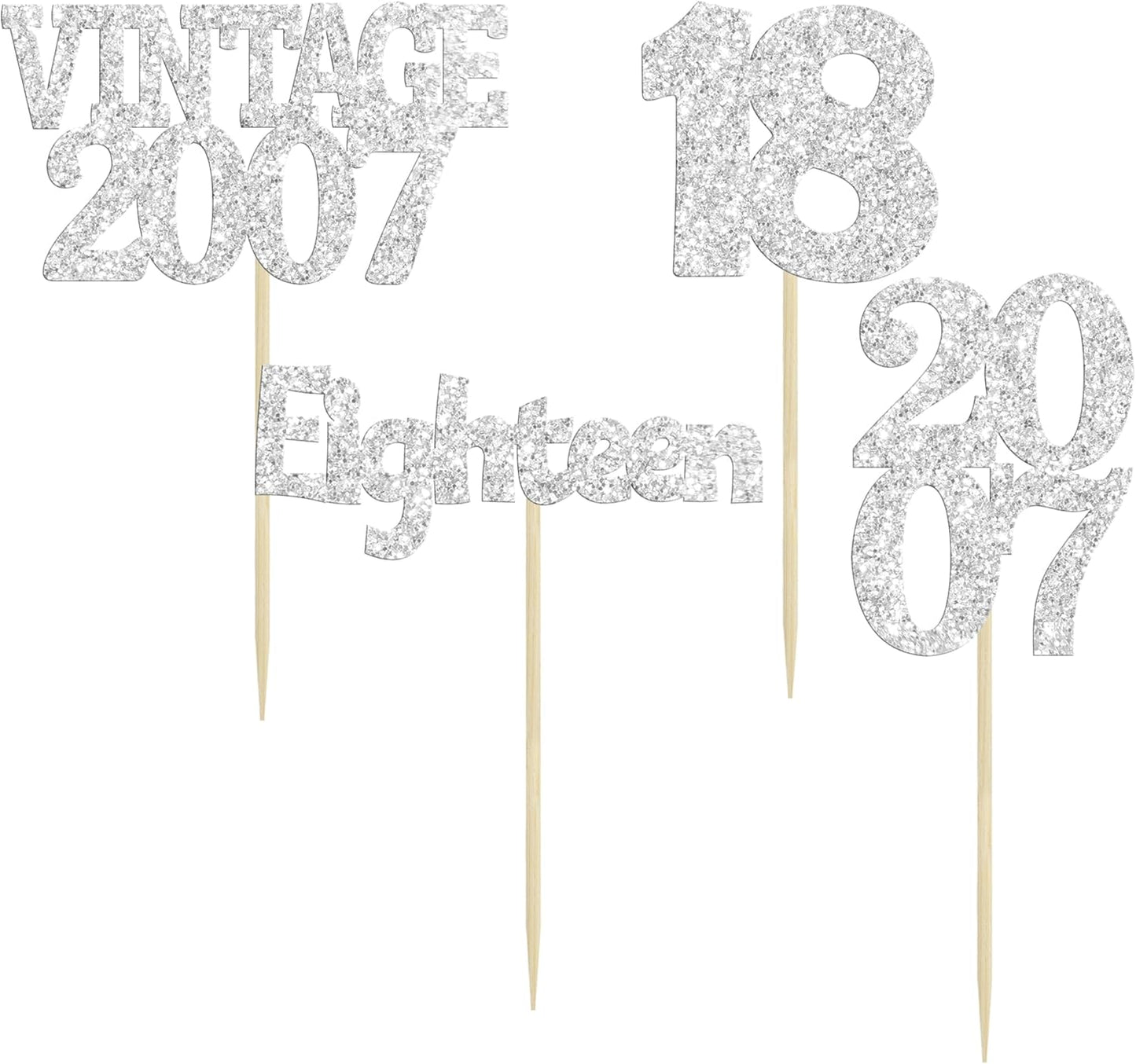 Gyufise 24Pcs 18th Birthday Cupcake Toppers Glitter Eighteen Vintage 2007 Hello 18 Years Birthday Cupcake Picks Adultish 18 Cake Decorations for Happy 18th Birthday Anniversary Party Supplies Silver