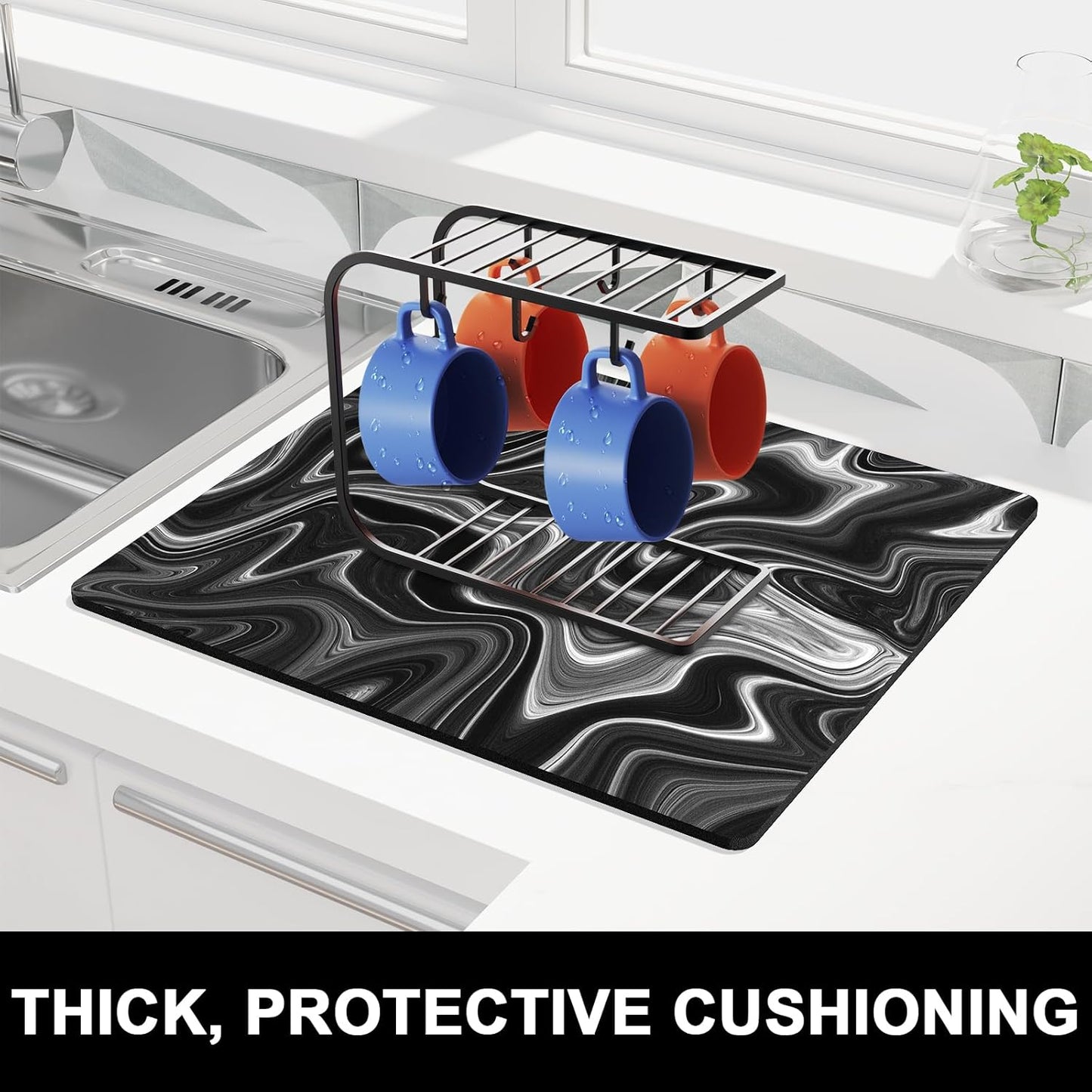 Rnivvi Dish Drying Mat for Kitchen Counter, 16 x 18" Cute Boho Theme Absorbent Heat Resistant Drying Pad with Non-slip Rubber, Coffee Bar Mats for Coffee Machine Dish Rack, Abstract Contour