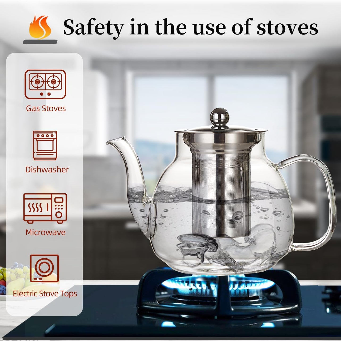 1100ml Glass Teapot with Removable Infuser,37oz Borosilicate Clear Tea Kettle,Stovetop Microwave Safe,Blooming and Loose Leaf Tea Maker Gift