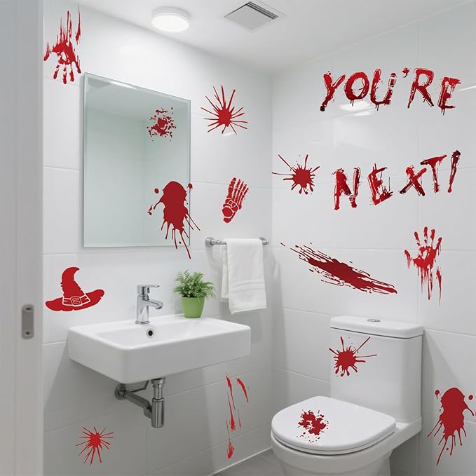 8 Sheets Halloween Window Clings, Bloody Handprint Footprint Window Stickers Scary Halloween Decorations Self Adhesive Wall Decal for Party Bathroom Car Door Zombi Restroom Sign Decals-85 Pcs