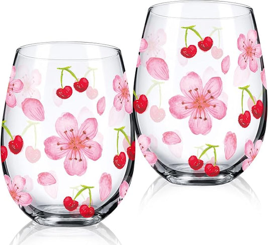 Sliner 2 Pack 17oz Cherry and Flower Stemless Wine Glasses Cherry Blossom Drinking Glasses Floral Tumbler Cups for Women Birthday Anniversary Gift Parties Supplies