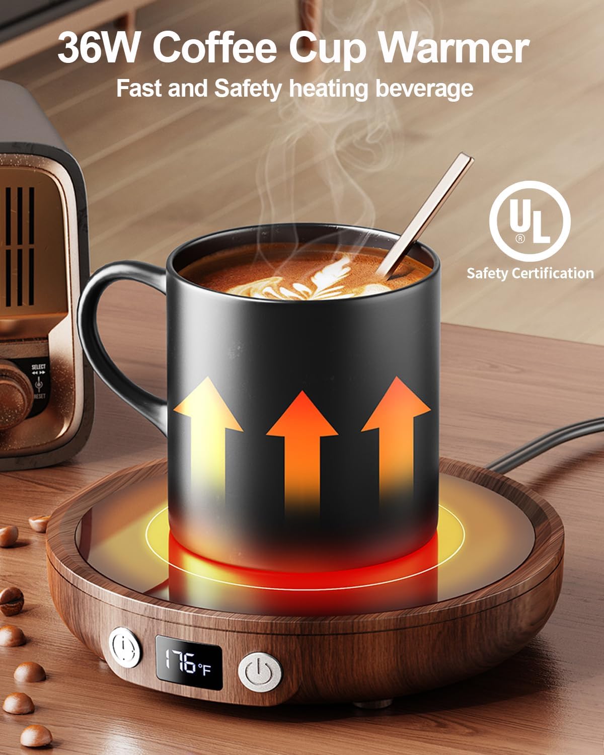 SWEETFULL Mug Warmer - Upgraded 36W Coffee Cup Warmer for Desk with 130℉-176℉ Digital Display, 2-12H Timer Auto Shut Off, Smart Electric Coffee Heating Plate, Ideal Gifts for Women Men - Wood