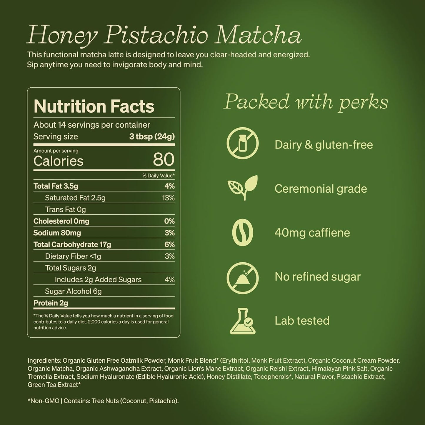 Clevr Blends Pistachio Matcha SuperLatte, Organic Ceremonial Grade, Instant Superfood Powder Blend with Lions Mane, Reishi Mushroom, Coconut Cream, Oat Milk, Ashwagandha, Serve Hot or Iced (14 Lattes)