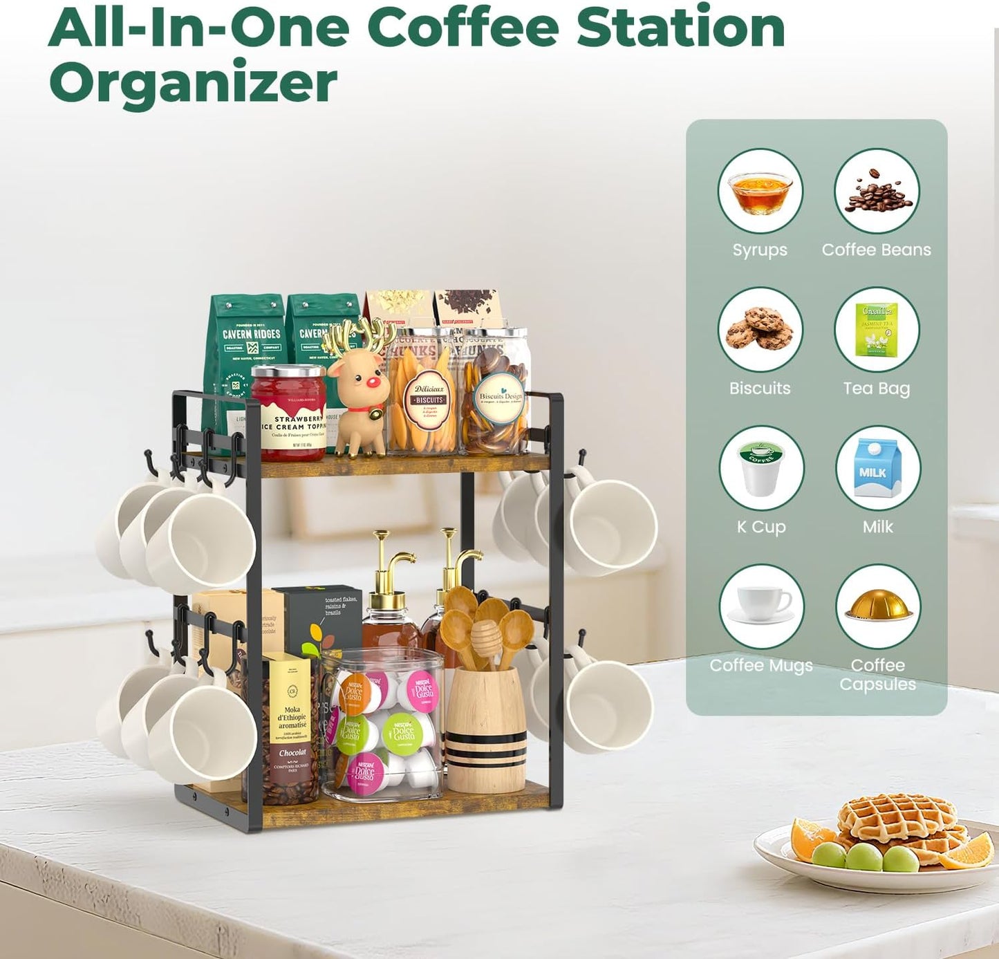 EsLuker.ly 2 Tier Coffee Mug Holder Station Bar Organize Countertop, Mug Cup Tree Rack for Kitchen Office, Storage Shelf with 12 Removable Hooks, Creat Stylish Coffee Corner