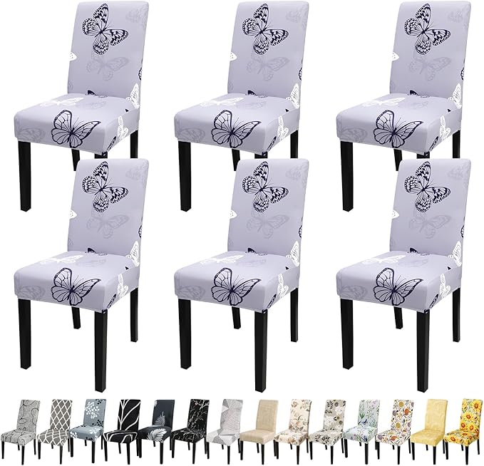 JQinHome Pattern Chair Covers for Dining Room Set of 6, High Stretch Removable Washable Parsons Chair Slipcover for Home Party Hotel Wedding Ceremony (Grey Butterfly,6PCS)