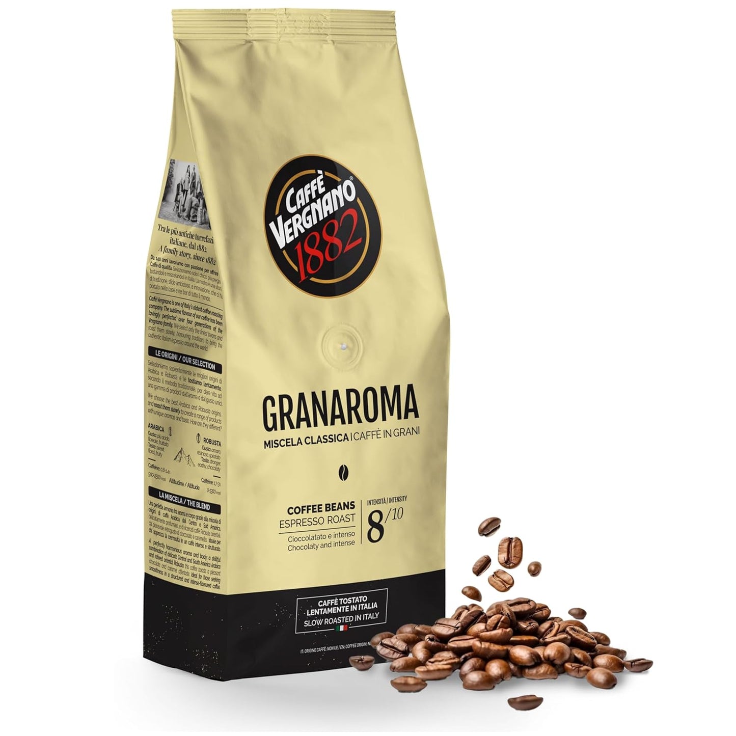 Caffe Vergnano 1882 Gran Aroma Whole Bean Arabica Medium Espresso Roast Coffee, 1.1lbs Bag - Italian Coffee Beans with Rich notes of Cocoa, Spices & Dried Fruit, Intensity 8/10-500g Bag