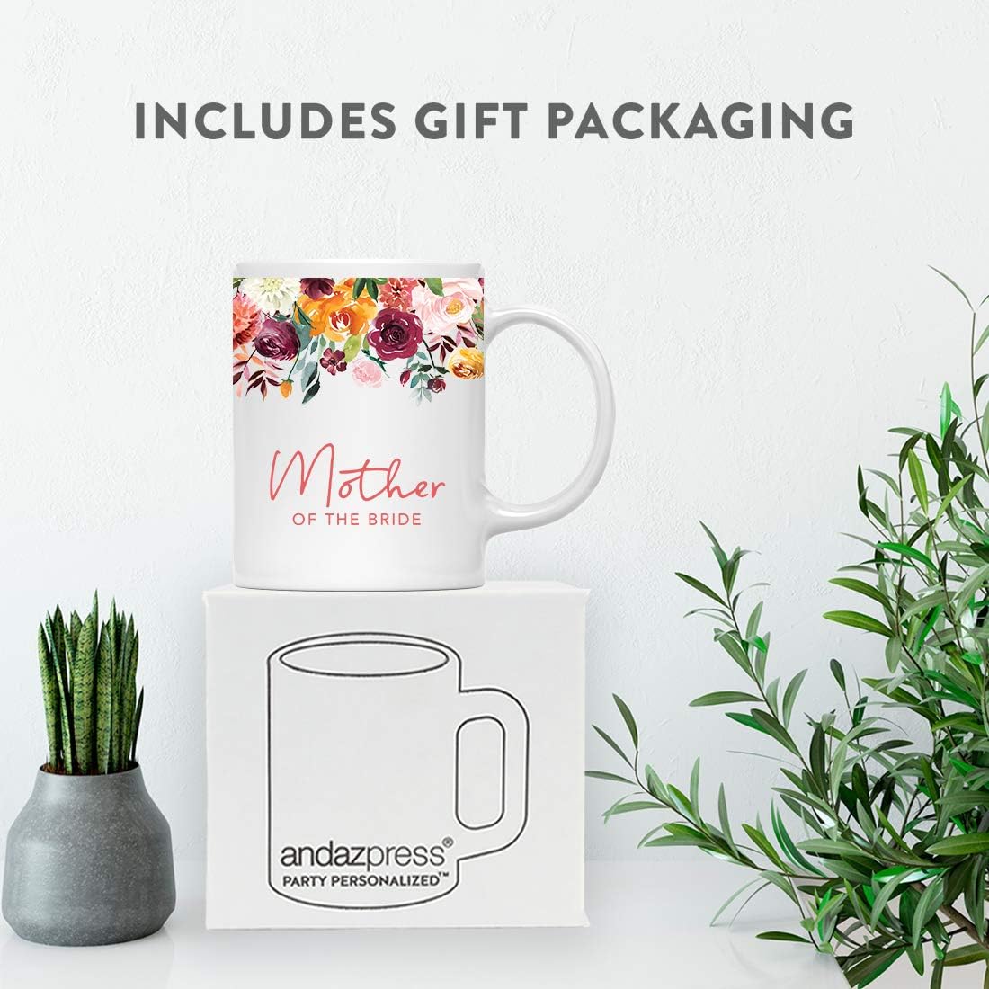 Andaz Press 11oz. Wedding Ceramic Coffee Tea Mug Gift, Fall Autumn Burgundy Orange Peach Flowers Roses Florals, Mother of the Bride, 1-Pack, Includes Gift Box
