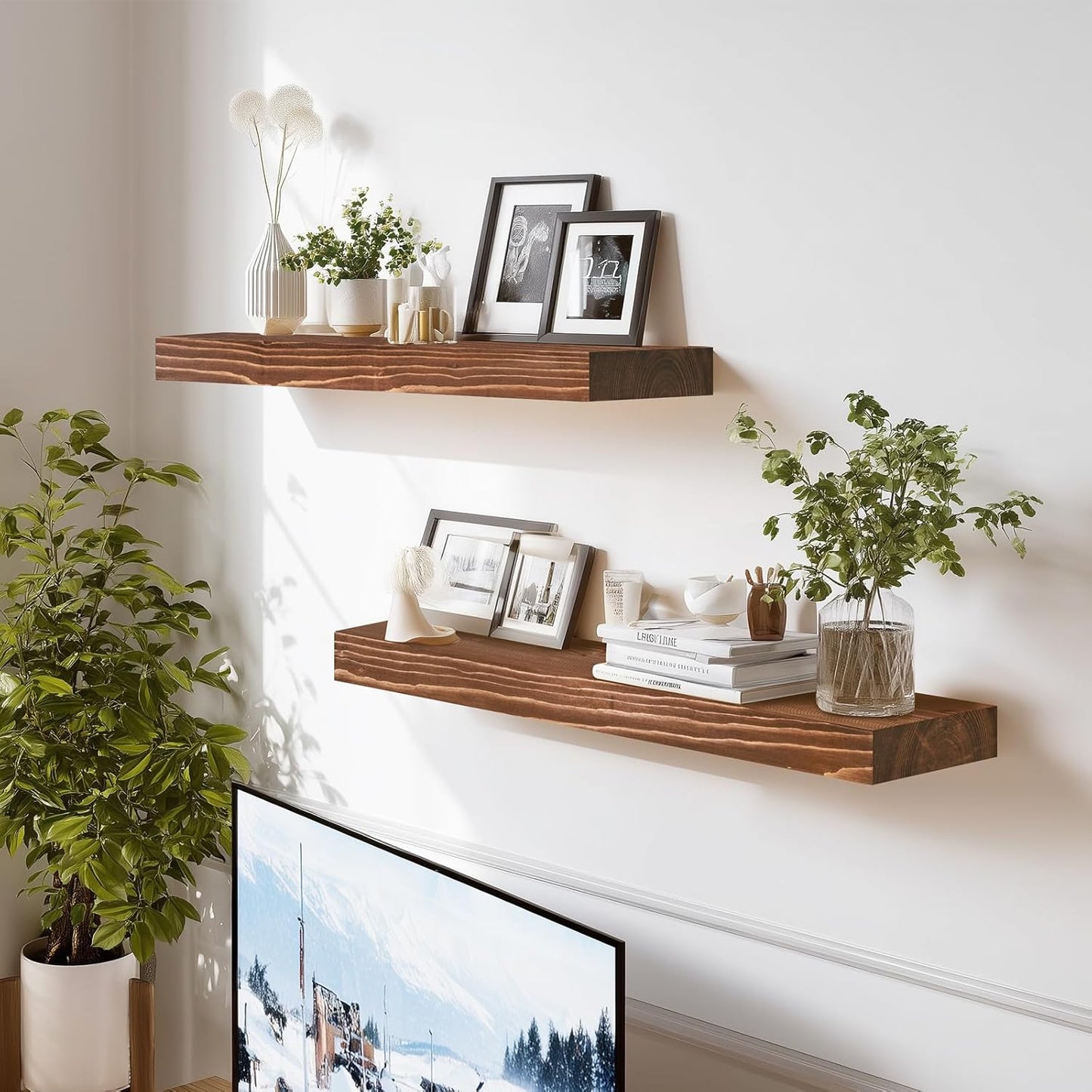 24x8x1.6 inch Floating Shelves Set of 2 – Solid Wood Rustic Brown Wall Mounted Shelf for Kitchen, Bathroom, Living Room