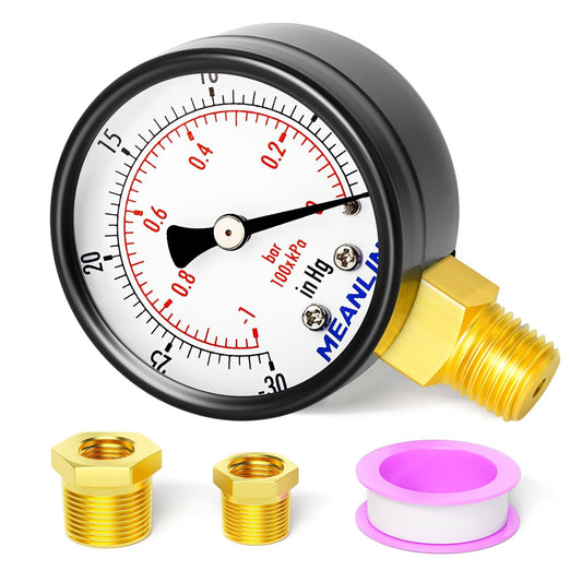 MEANLIN MEASURE -30inHG~0Psi Dry Vacuum Pressure Gauge, 2" DIAL FACE 1/4" NPT WOG Water Oil Air Pressure Test, Lower Mount, with 1/2" NPT and 3/8" NPT Hex Bushing